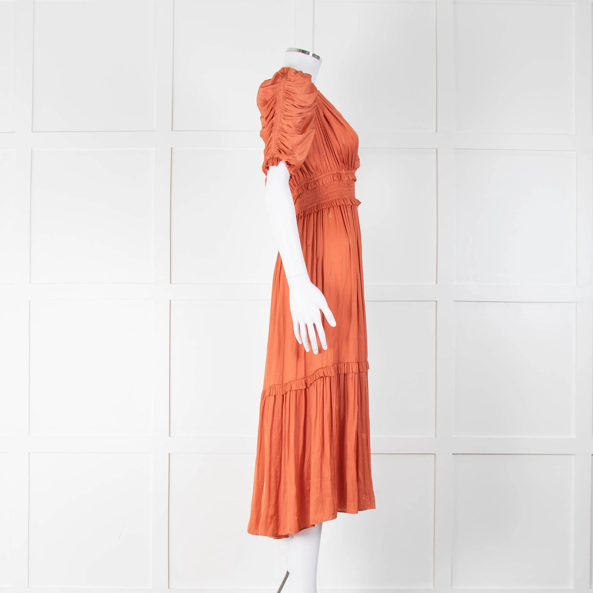 Ulla Johnson Orange Coral Satin Ruched Waist Midi Dress - Image 2
