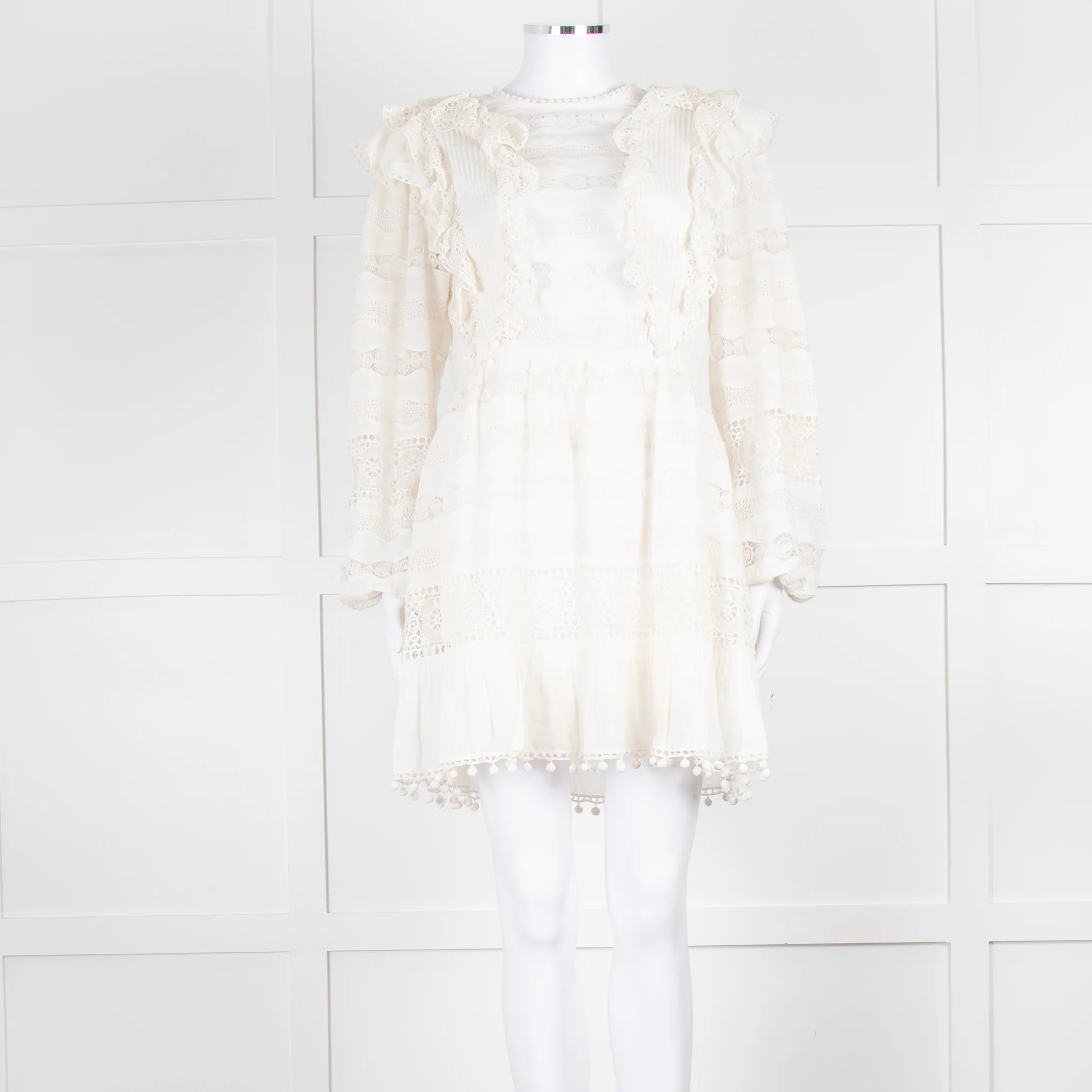 Ulla Johnson Cream Lace Frill Detail Mini Cotton Dress