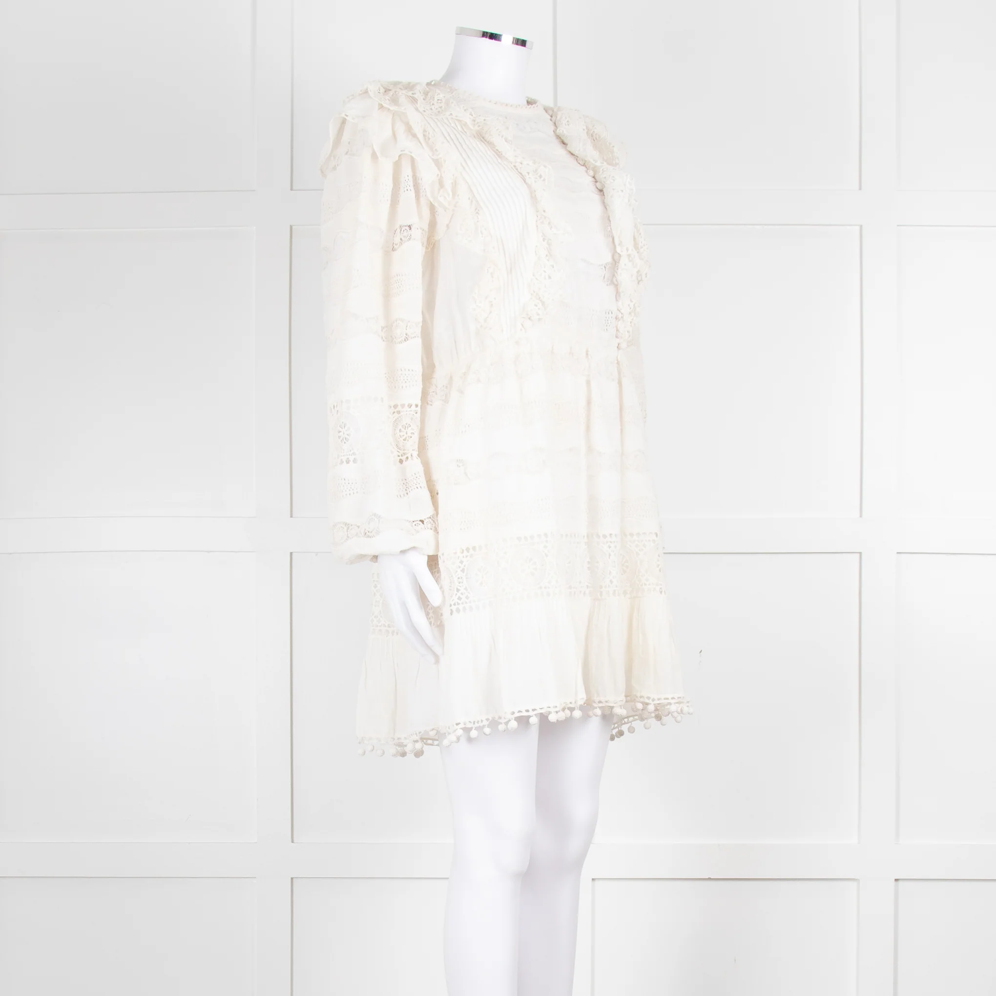 Ulla Johnson Cream Lace Frill Detail Mini Cotton Dress - Image 2