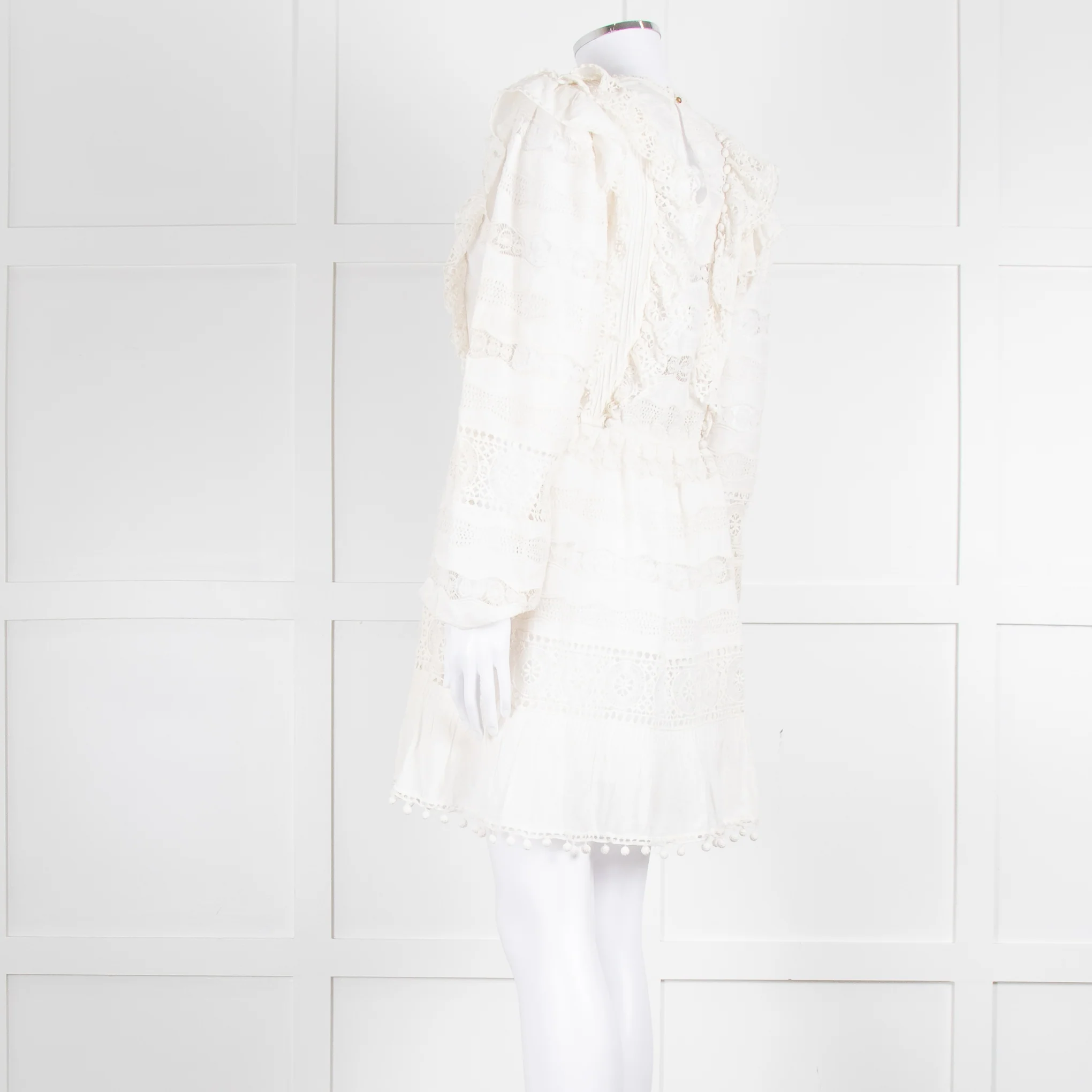 Ulla Johnson Cream Lace Frill Detail Mini Cotton Dress - Image 6