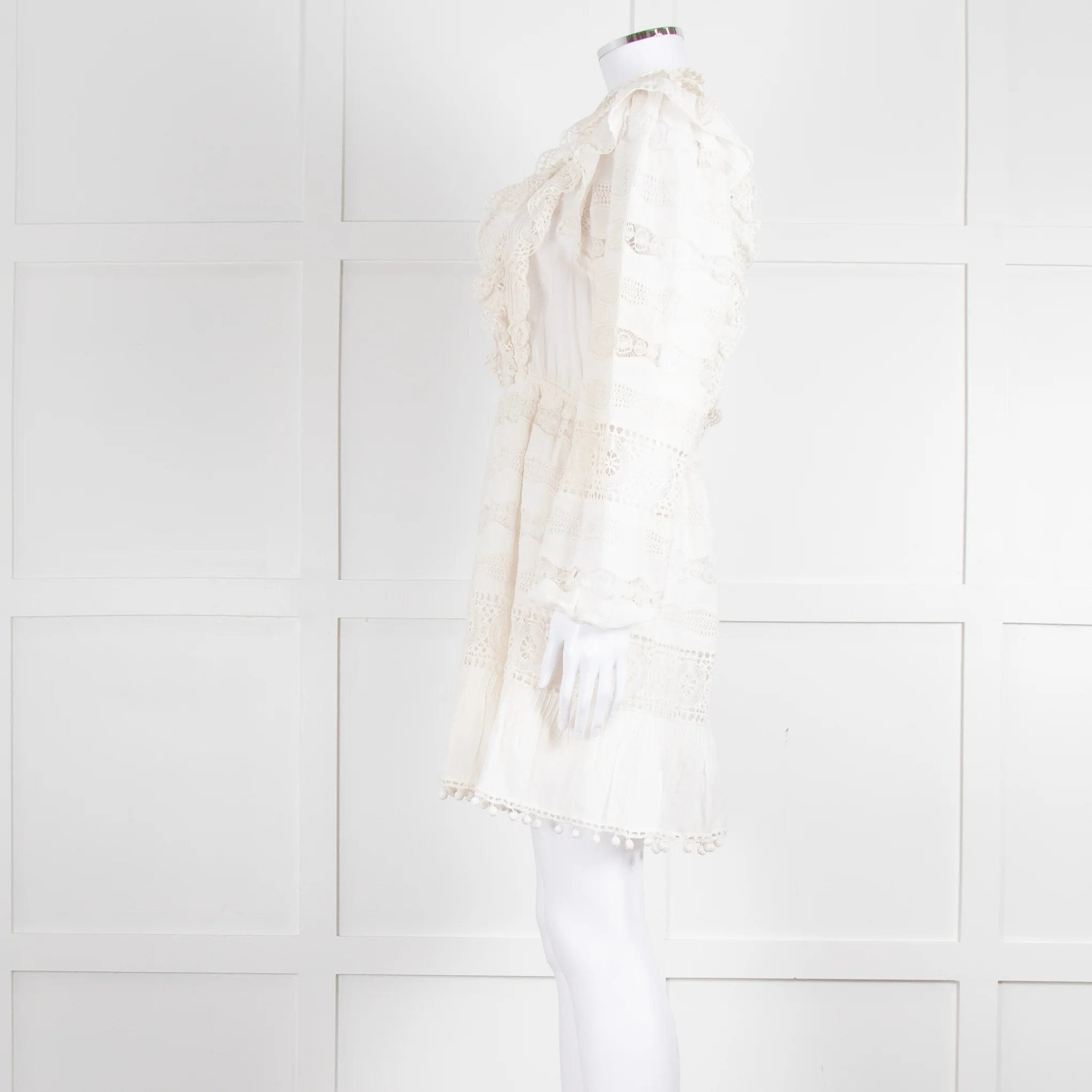 Ulla Johnson Cream Lace Frill Detail Mini Cotton Dress - Image 7