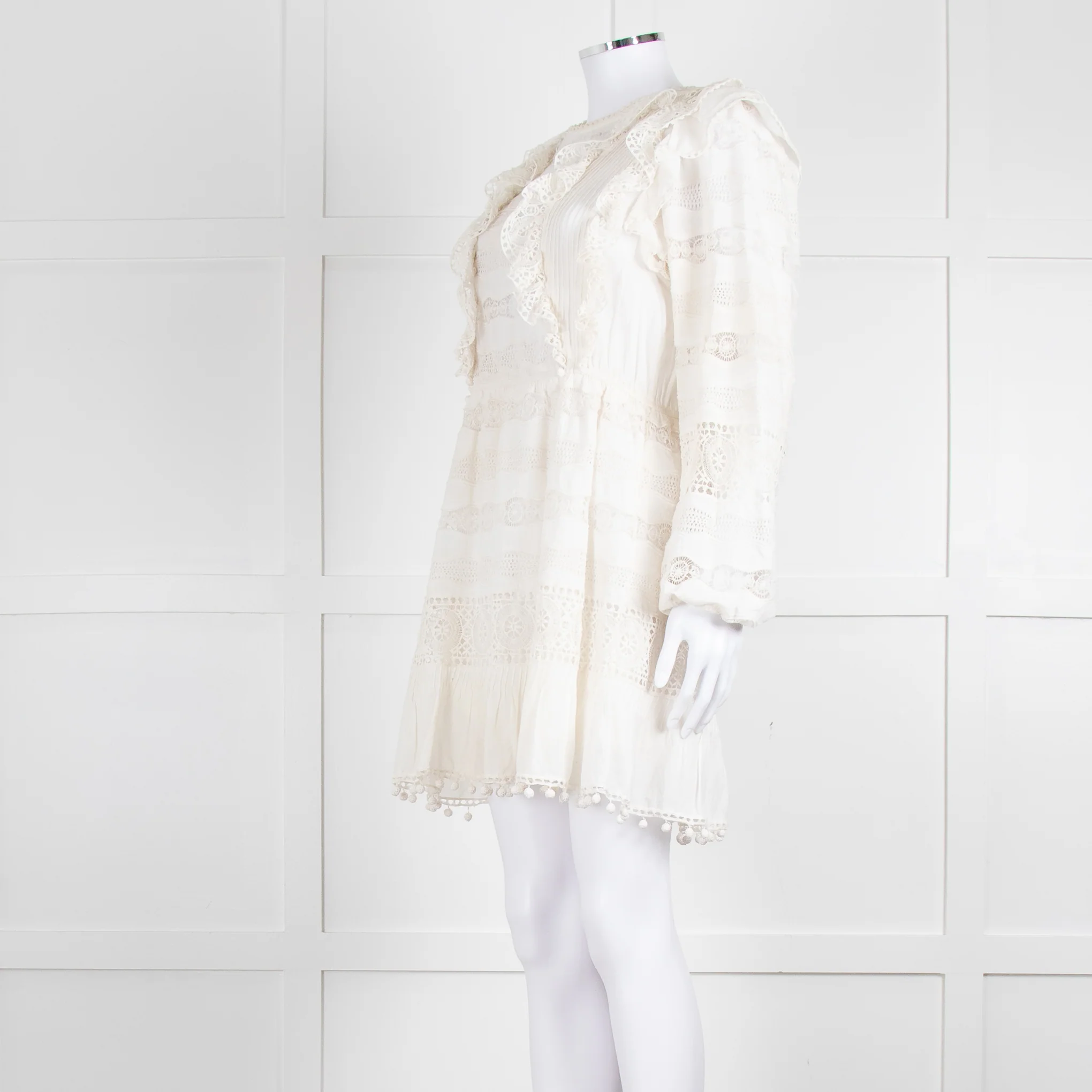 Ulla Johnson Cream Lace Frill Detail Mini Cotton Dress - Image 8