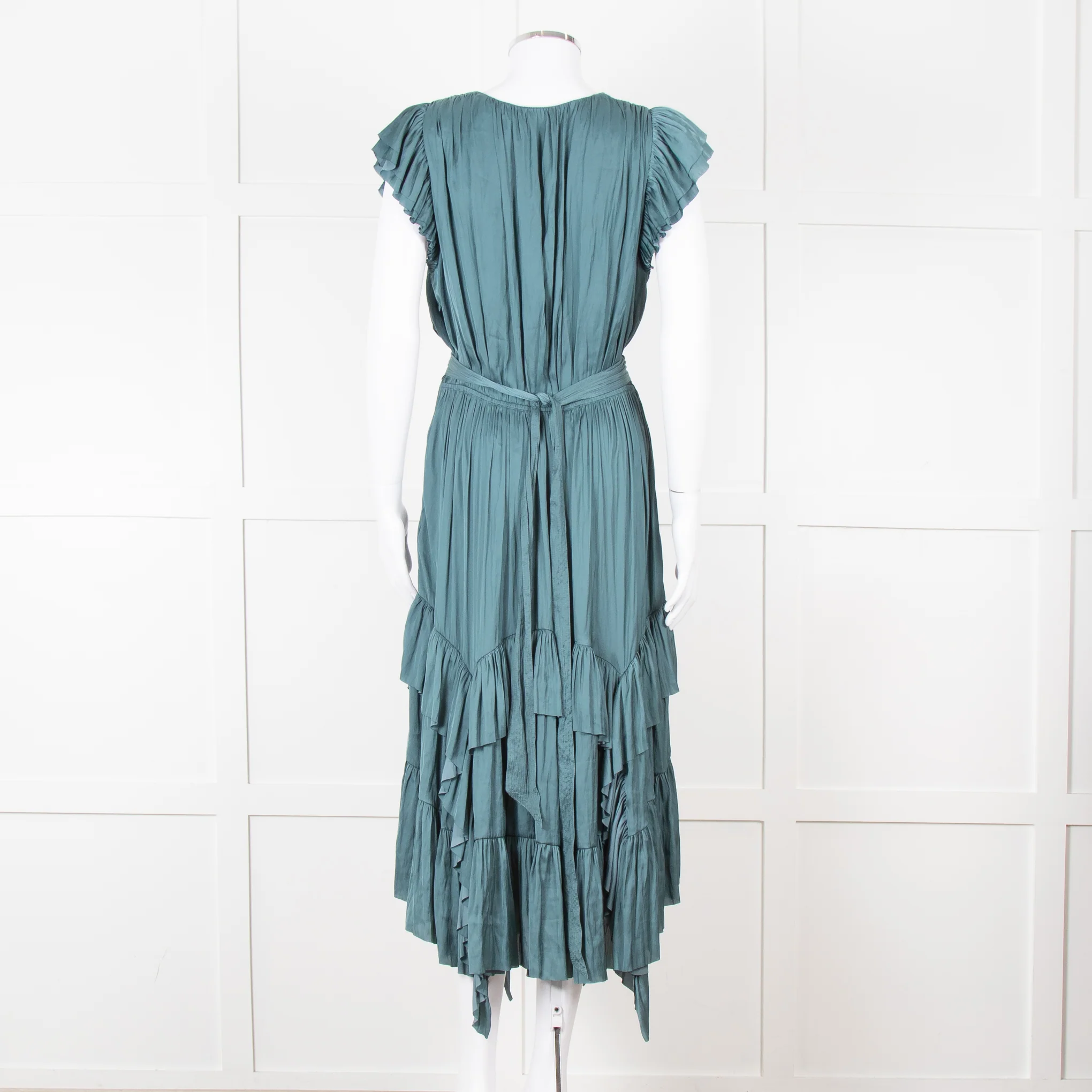 Ulla Johsnon Teal Silk Feel Sleeveless Dress With Loose Belt - Image 5