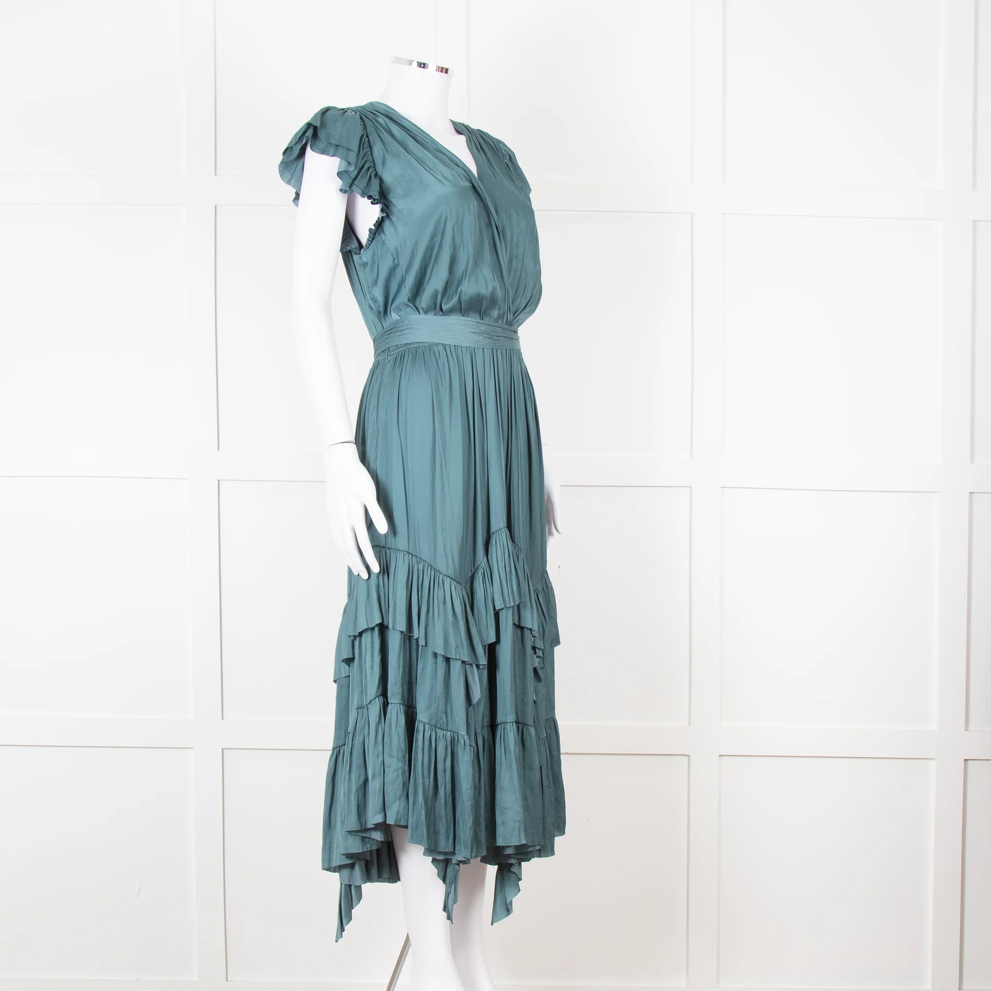 Ulla Johsnon Teal Silk Feel Sleeveless Dress With Loose Belt - Image 8