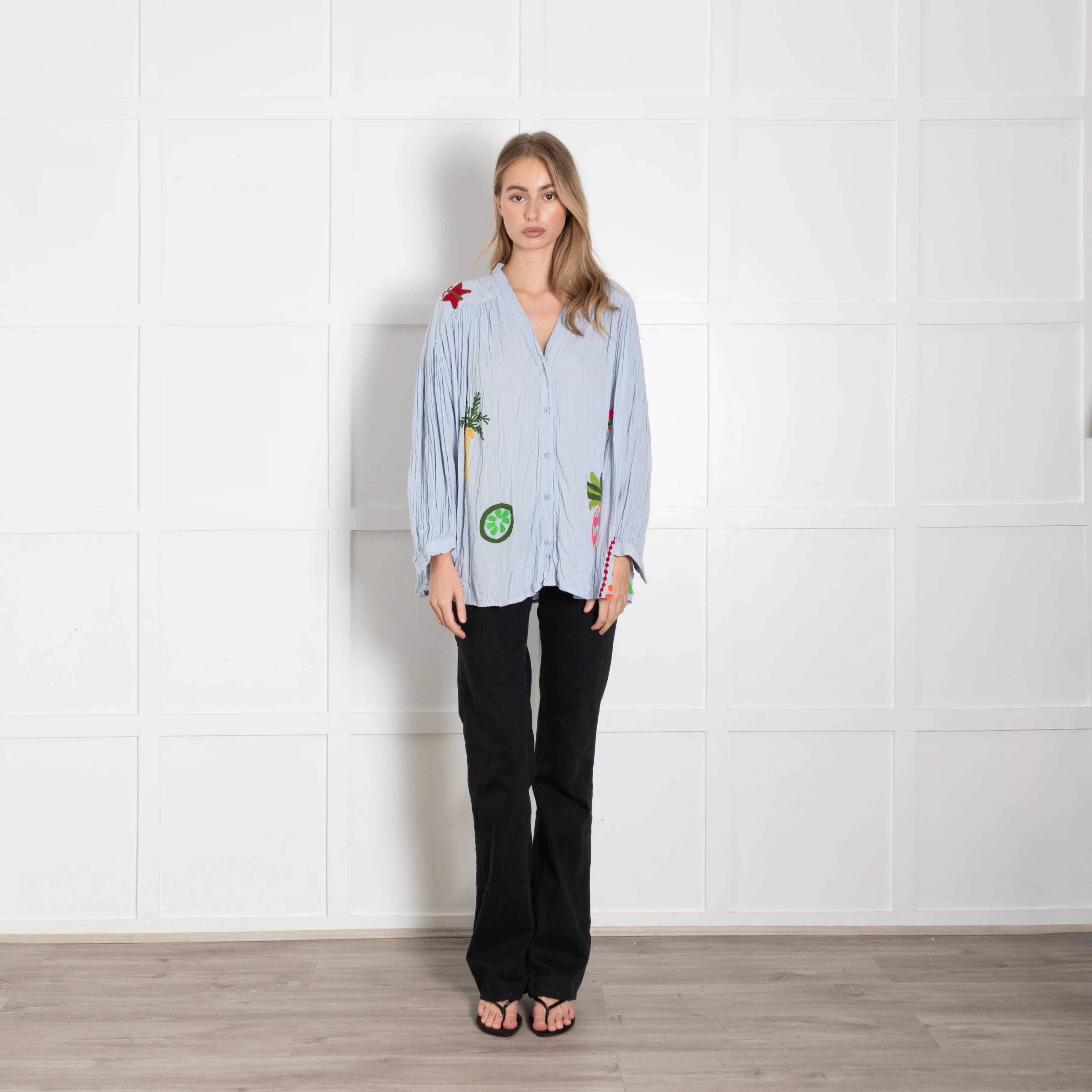 Un Dimanche A Paris Pale Blue Embroidered Cheesecloth Blouse