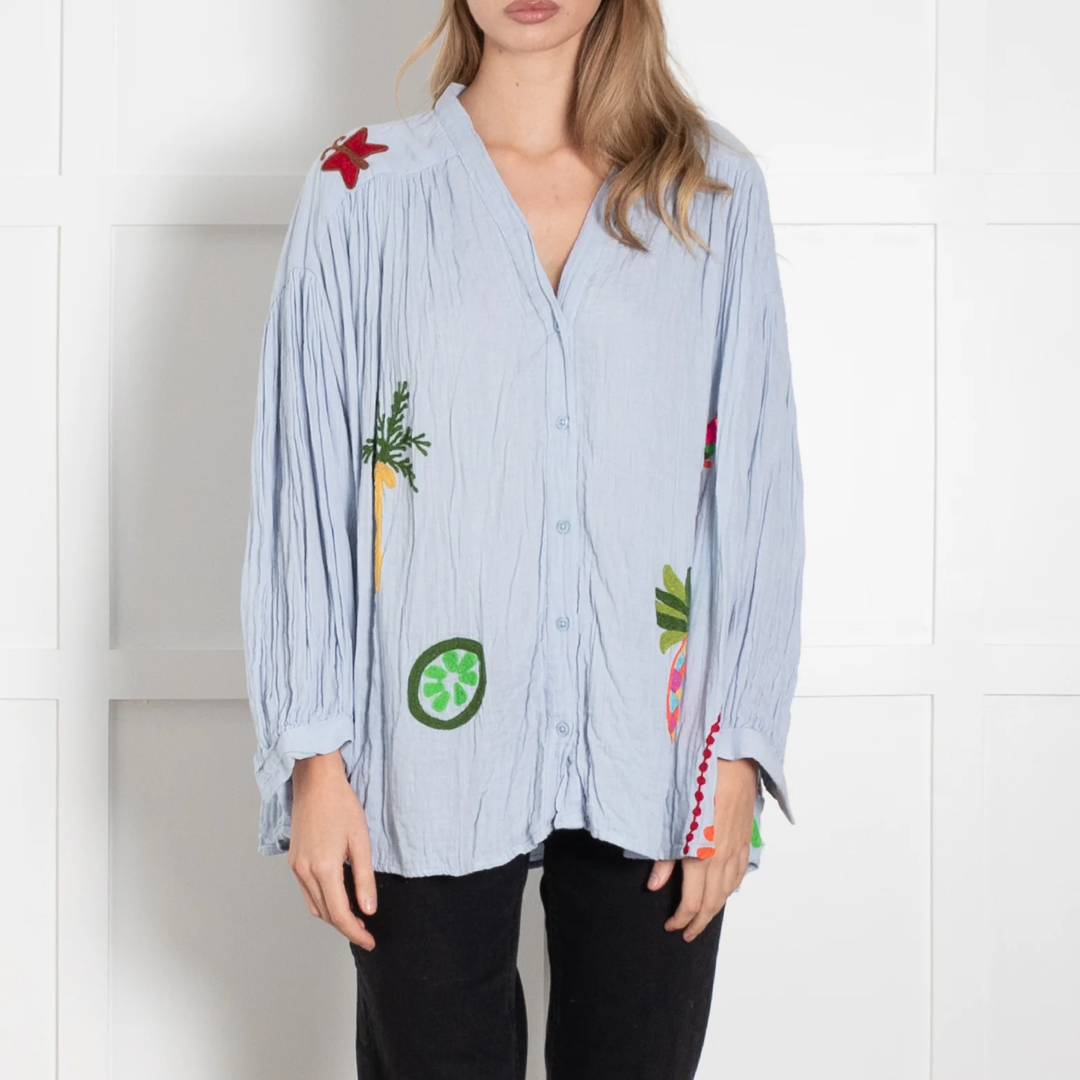 Un Dimanche A Paris Pale Blue Embroidered Cheesecloth Blouse - Image 2