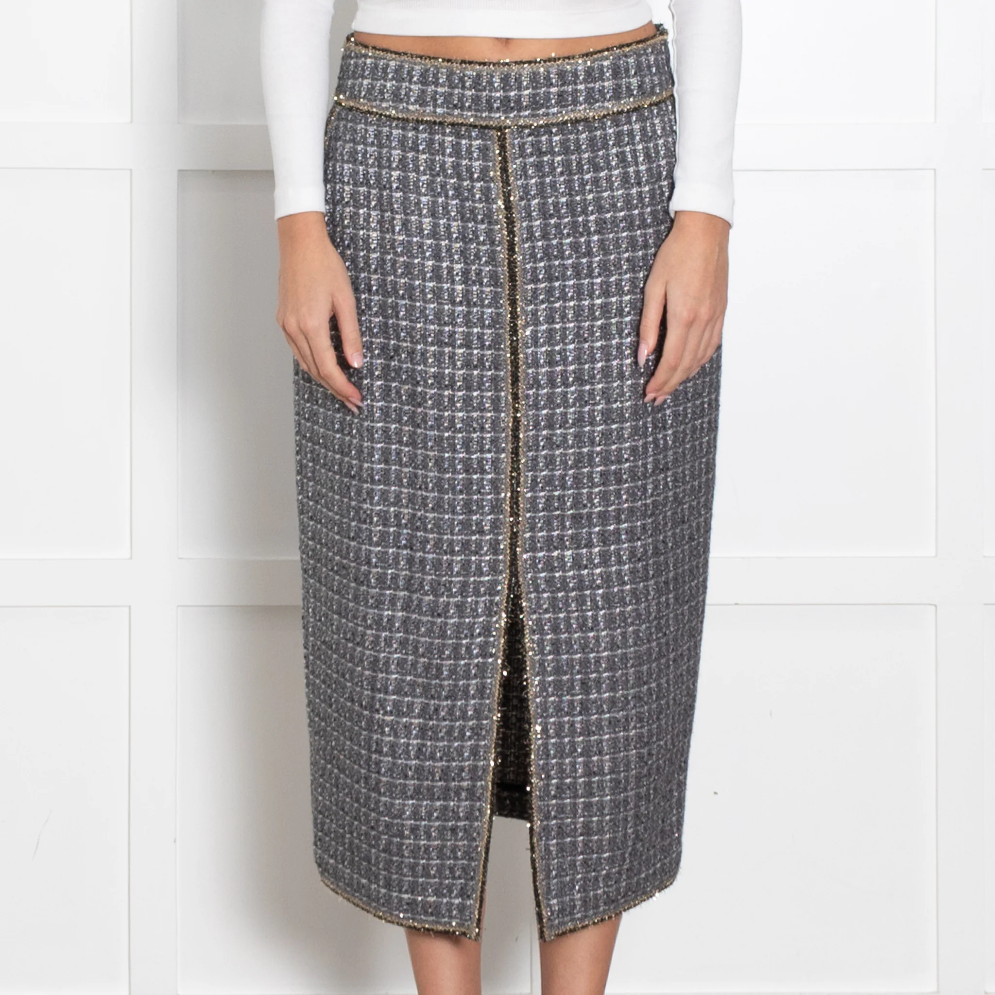 Uterque Grey Tweed Skirt With Gold Thread Detail - Image 2