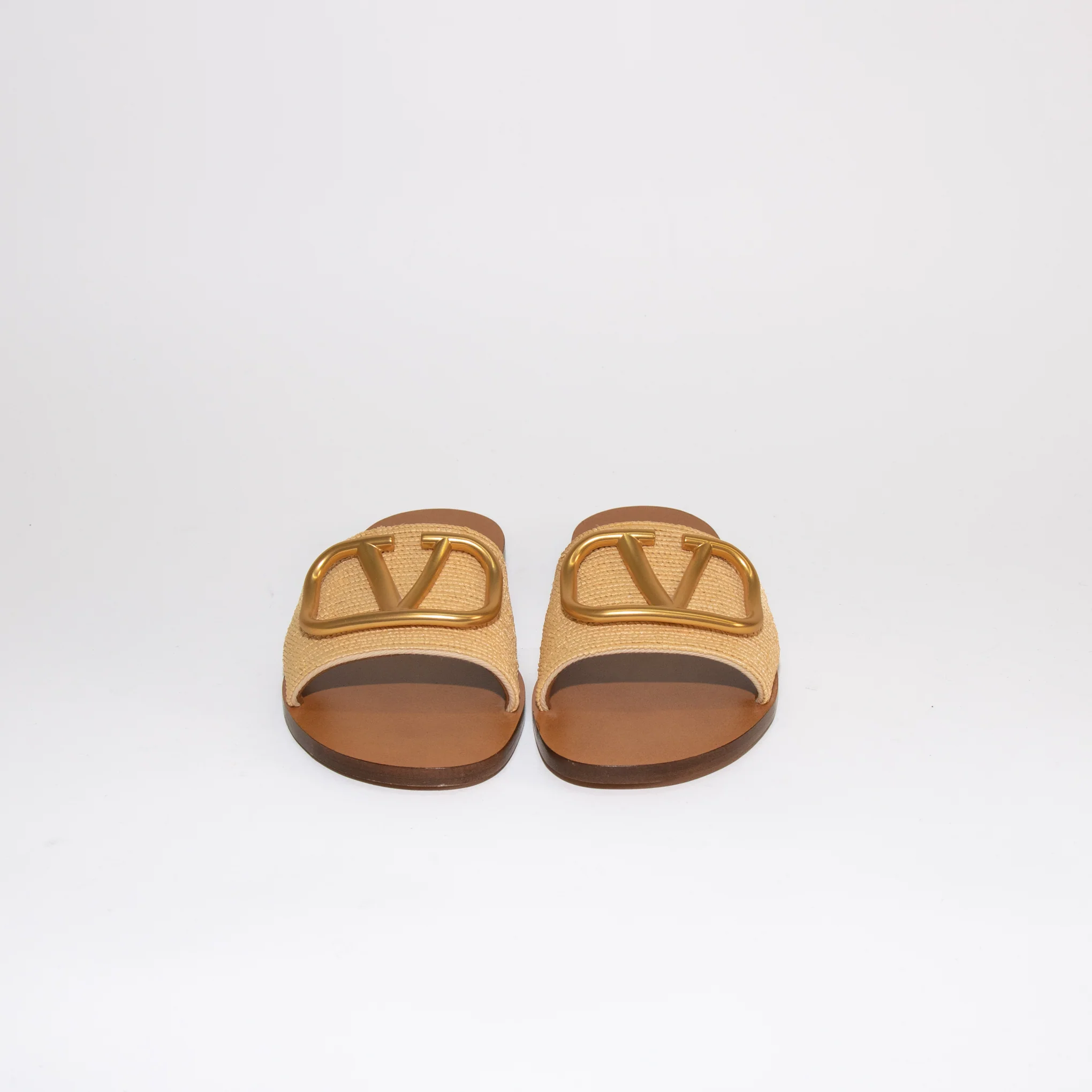 Valentino Beige Raffia Gold V Flat Slides - Image 3