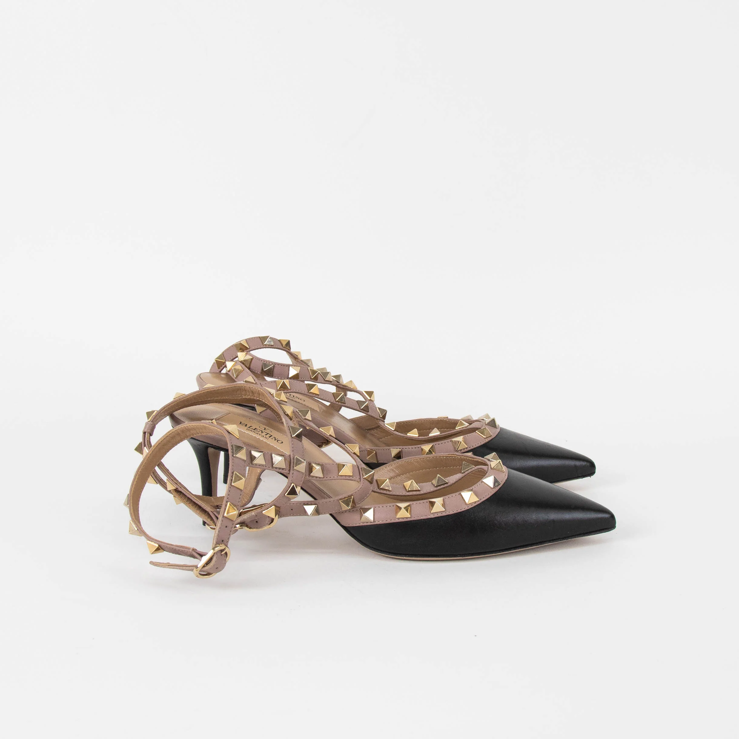 Valentino Garavani Black Beige Trim Rockstud Pointy Heeled Shoes - Image 5