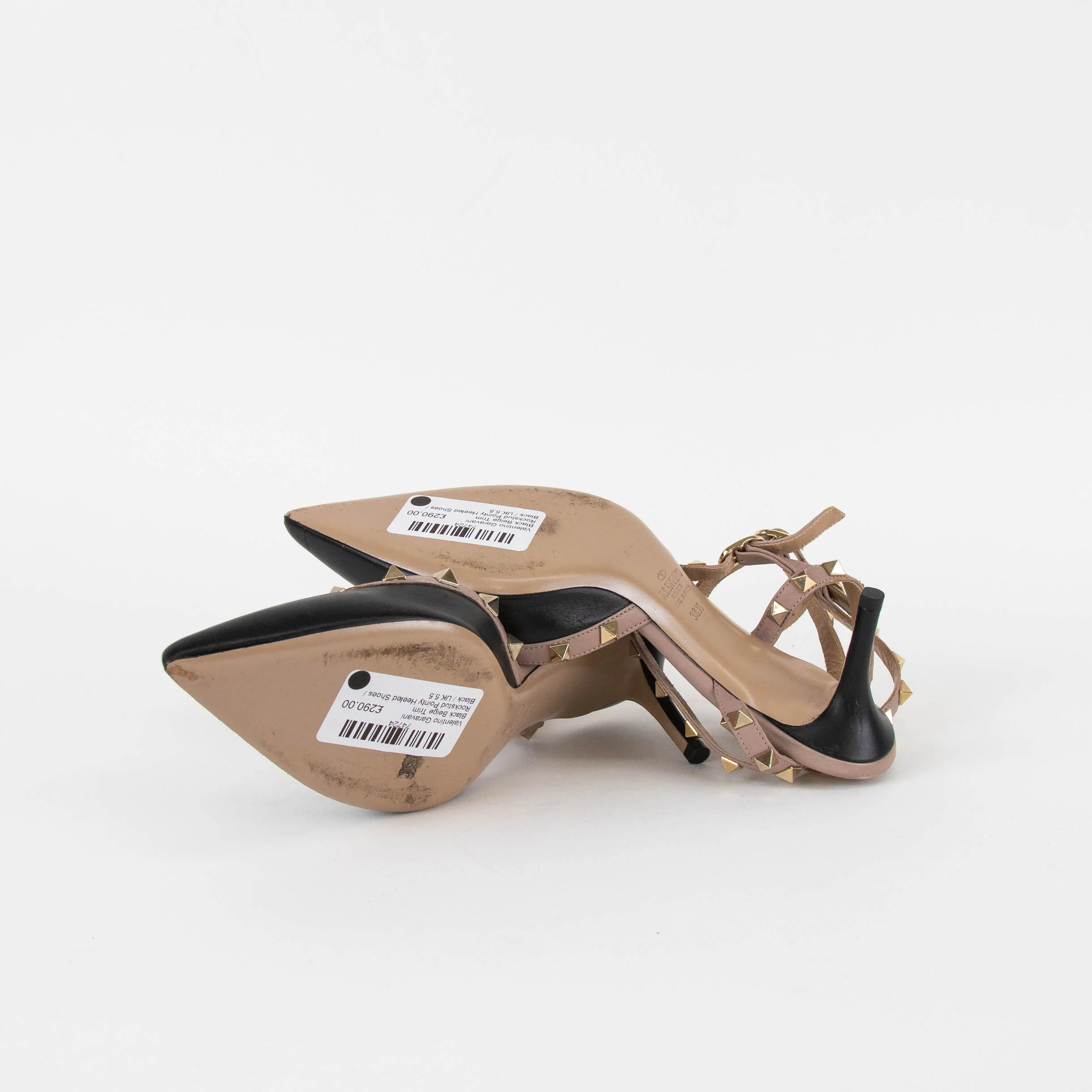 Valentino Garavani Black Beige Trim Rockstud Pointy Heeled Shoes - Image 6