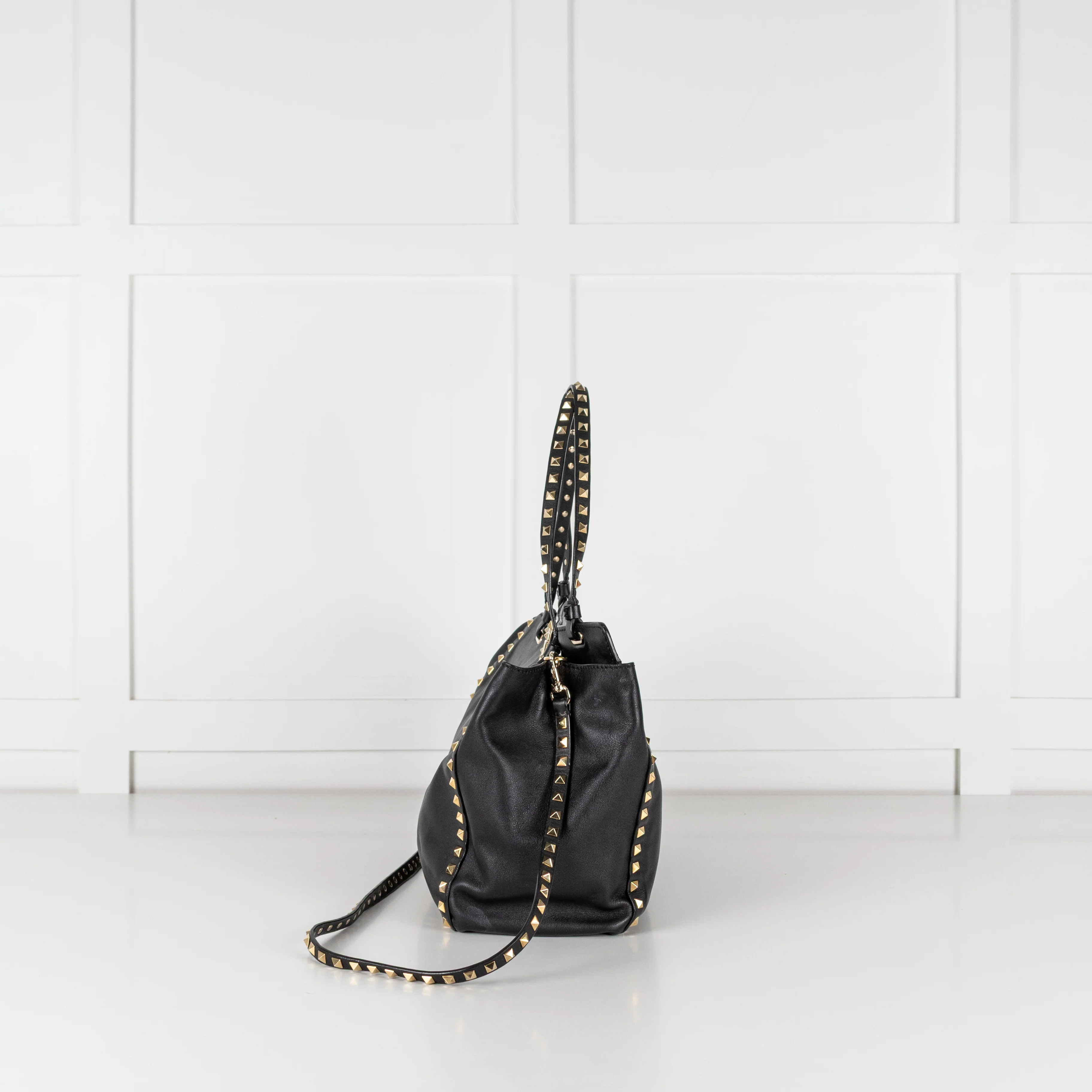 Valentino Garavani Black Rockstud Tote Handbag With Gold Tone Studs - Image 3