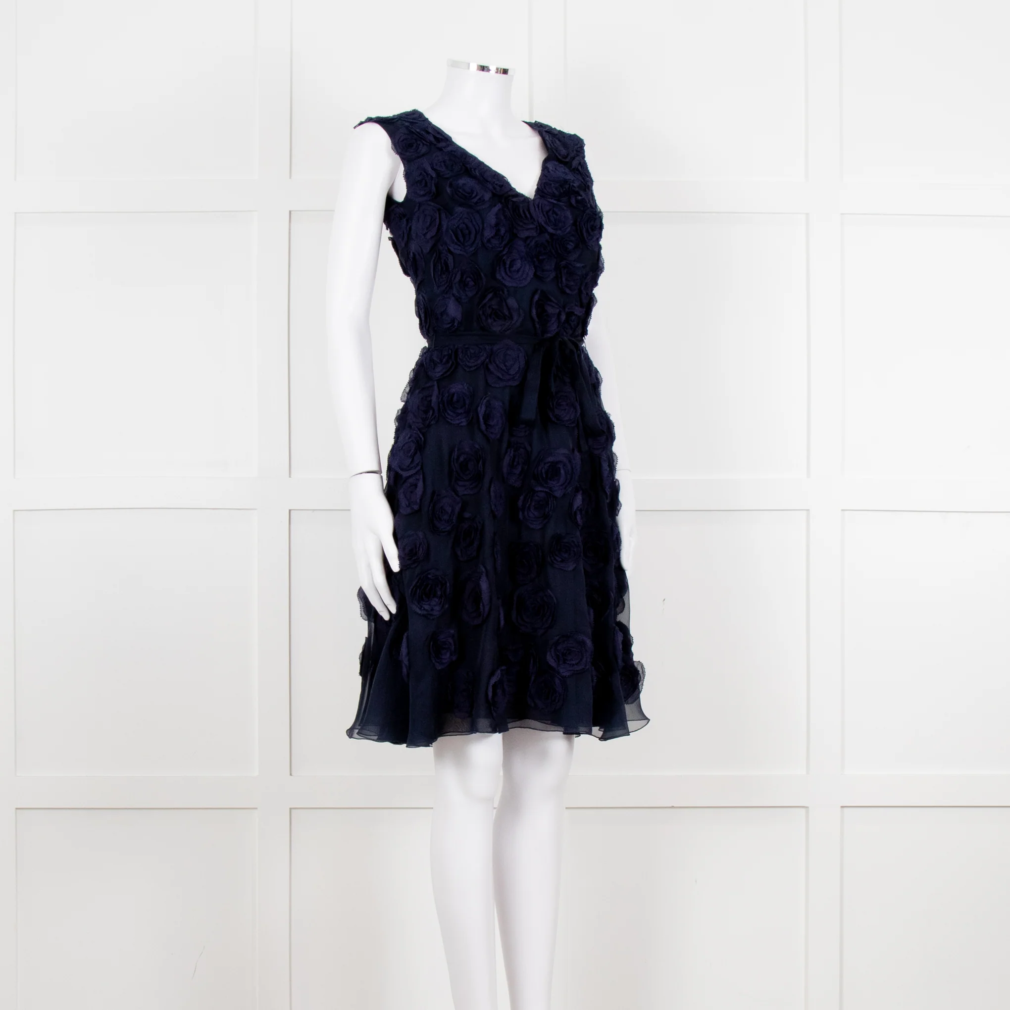 Valentino Navy Blue Silk Rose Embellished Sleeveless Dress - Image 8