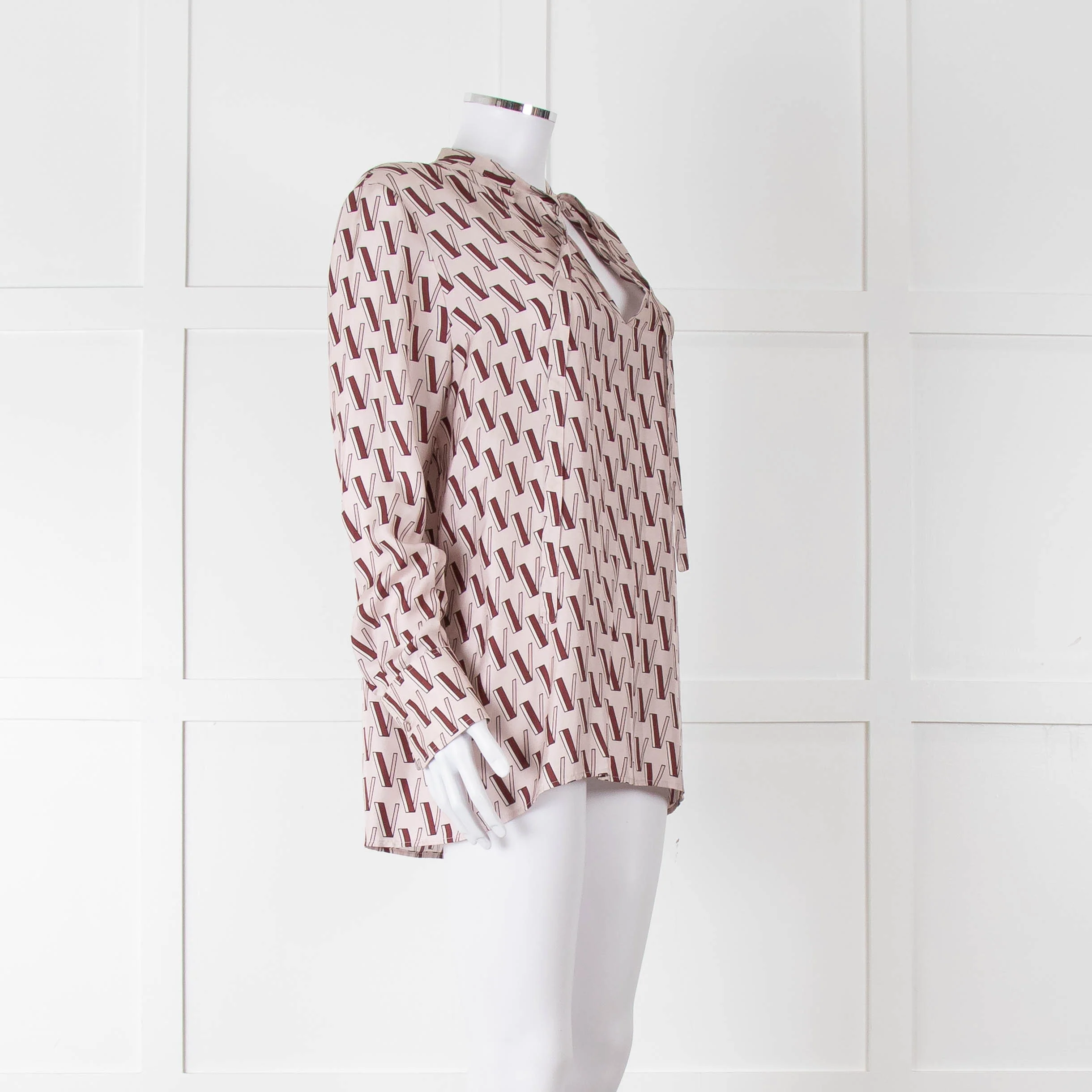 Valentino Pale Pink Pink V Print Neck Tie Long Sleeve Top - Image 2