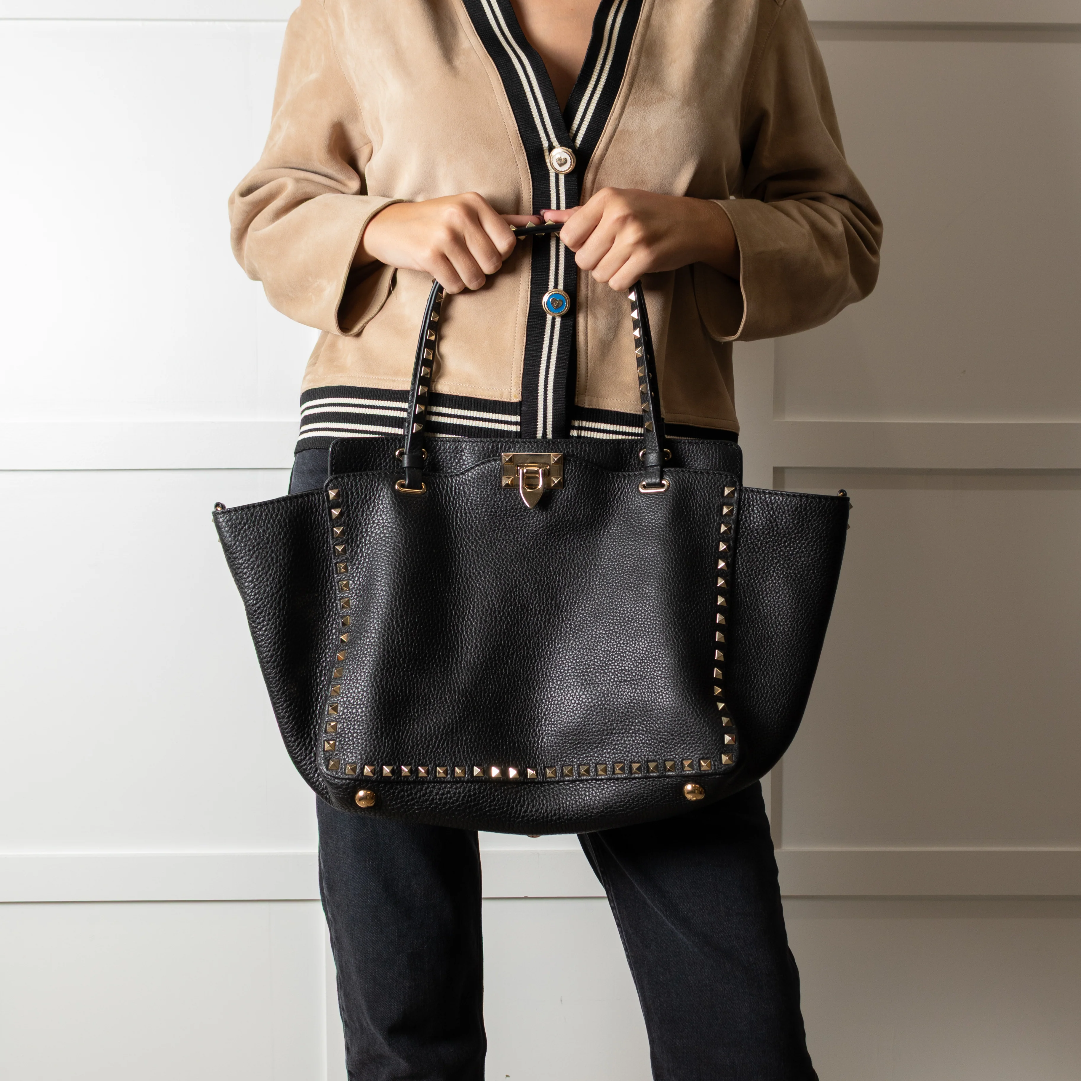 Valentino Black Grained Leather Rockstud Tote Bag - Image 2