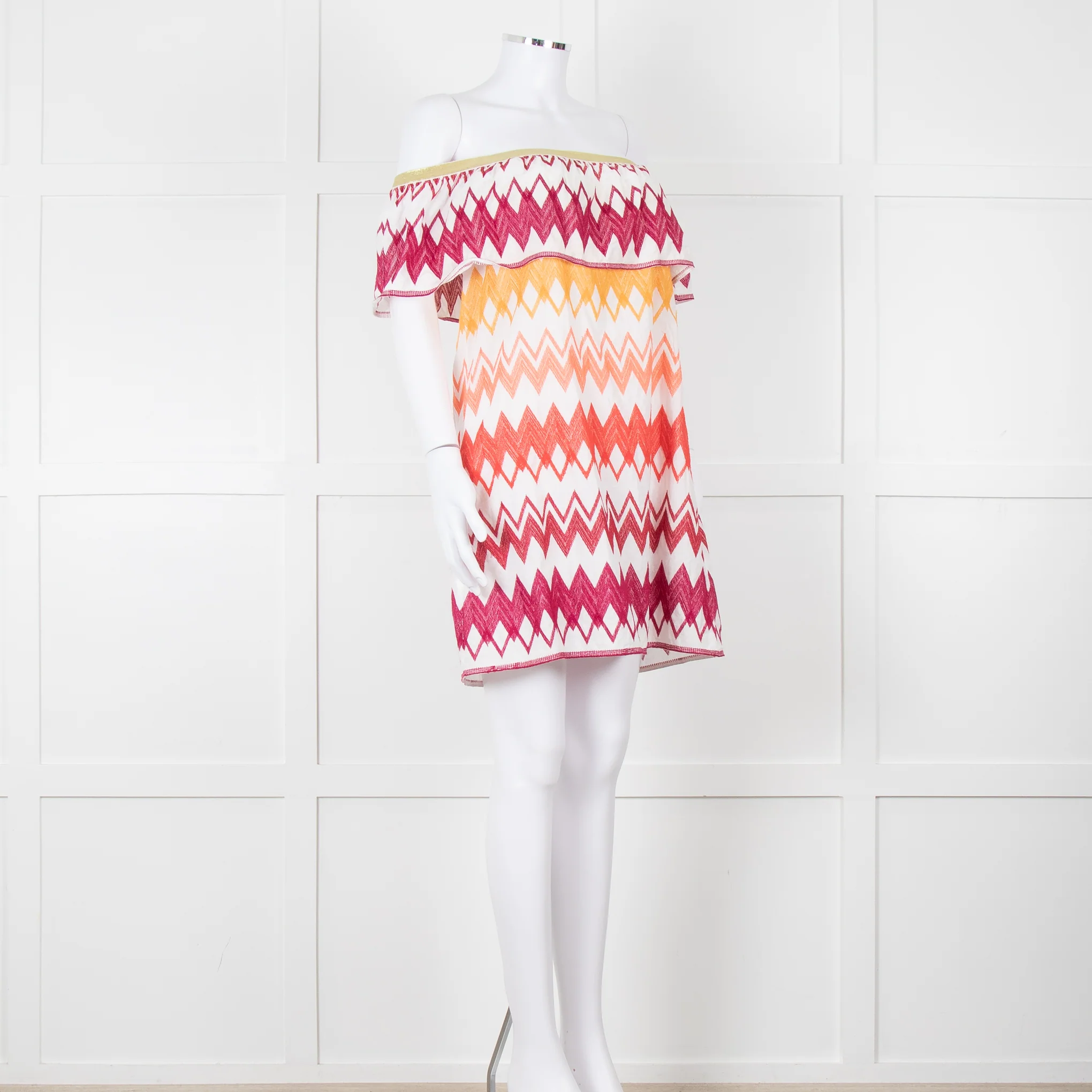 Valerie Khalfon White Cotton Off the Shoulder Dress with Pink & Orange Chevrons - Image 2