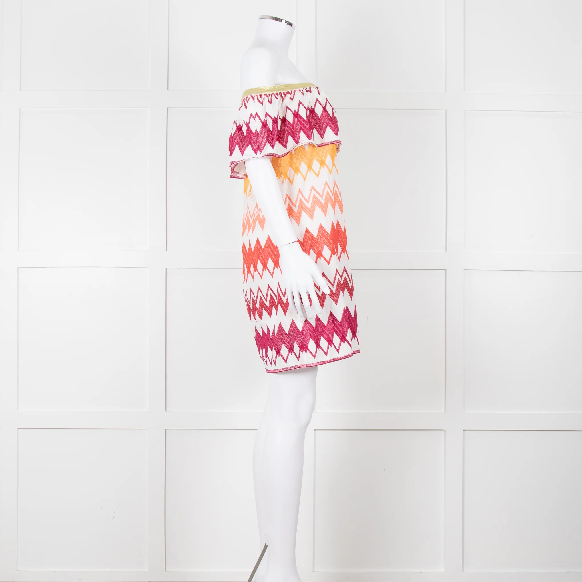 Valerie Khalfon White Cotton Off the Shoulder Dress with Pink & Orange Chevrons - Image 3
