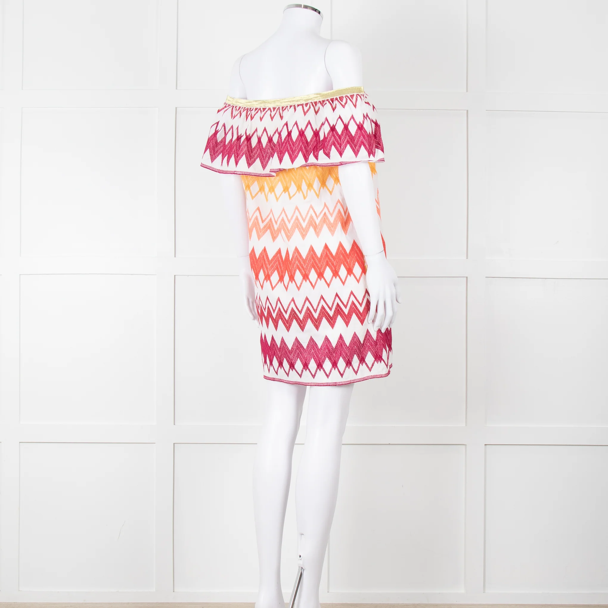 Valerie Khalfon White Cotton Off the Shoulder Dress with Pink & Orange Chevrons - Image 4