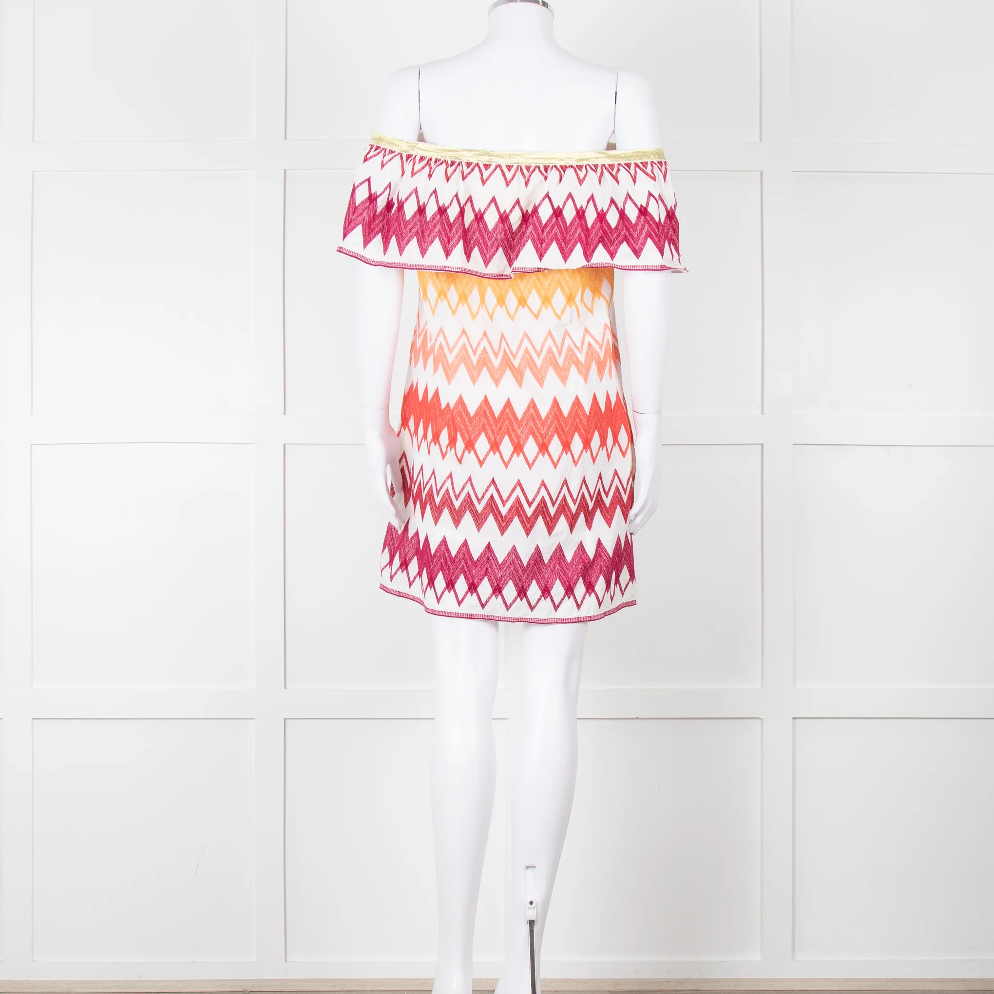 Valerie Khalfon White Cotton Off the Shoulder Dress with Pink & Orange Chevrons - Image 5
