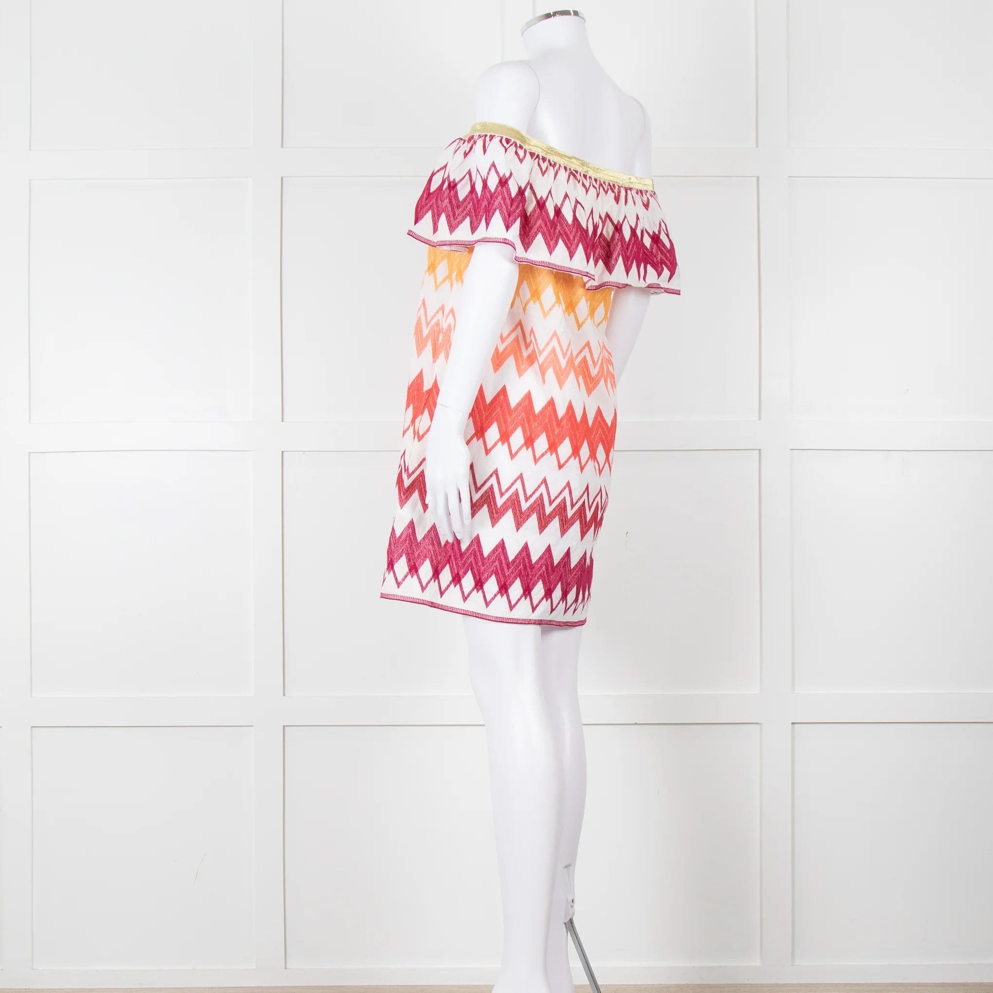 Valerie Khalfon White Cotton Off the Shoulder Dress with Pink & Orange Chevrons - Image 6