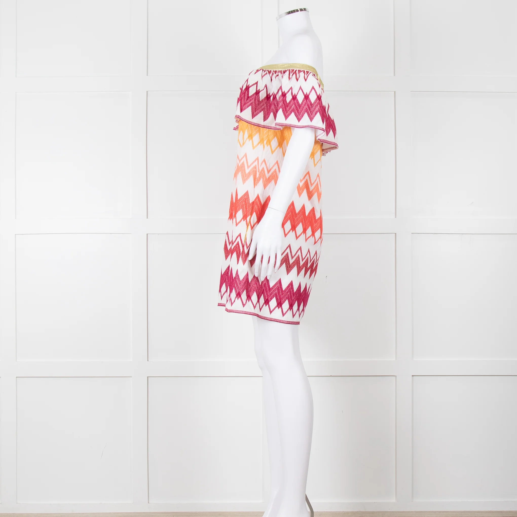 Valerie Khalfon White Cotton Off the Shoulder Dress with Pink & Orange Chevrons - Image 7