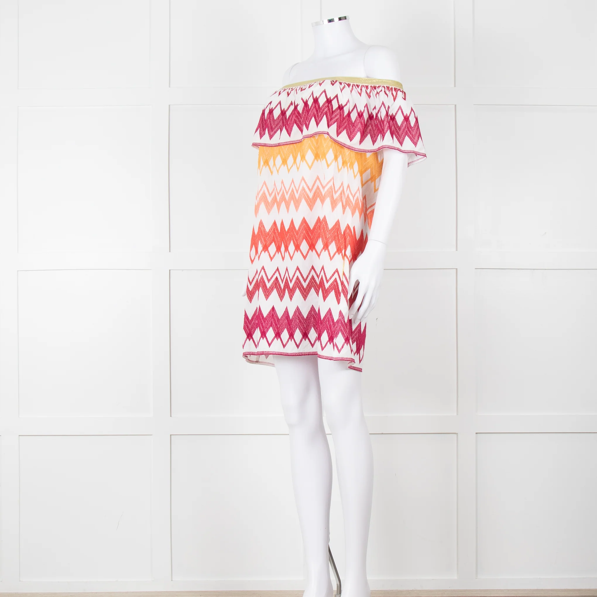 Valerie Khalfon White Cotton Off the Shoulder Dress with Pink & Orange Chevrons - Image 8