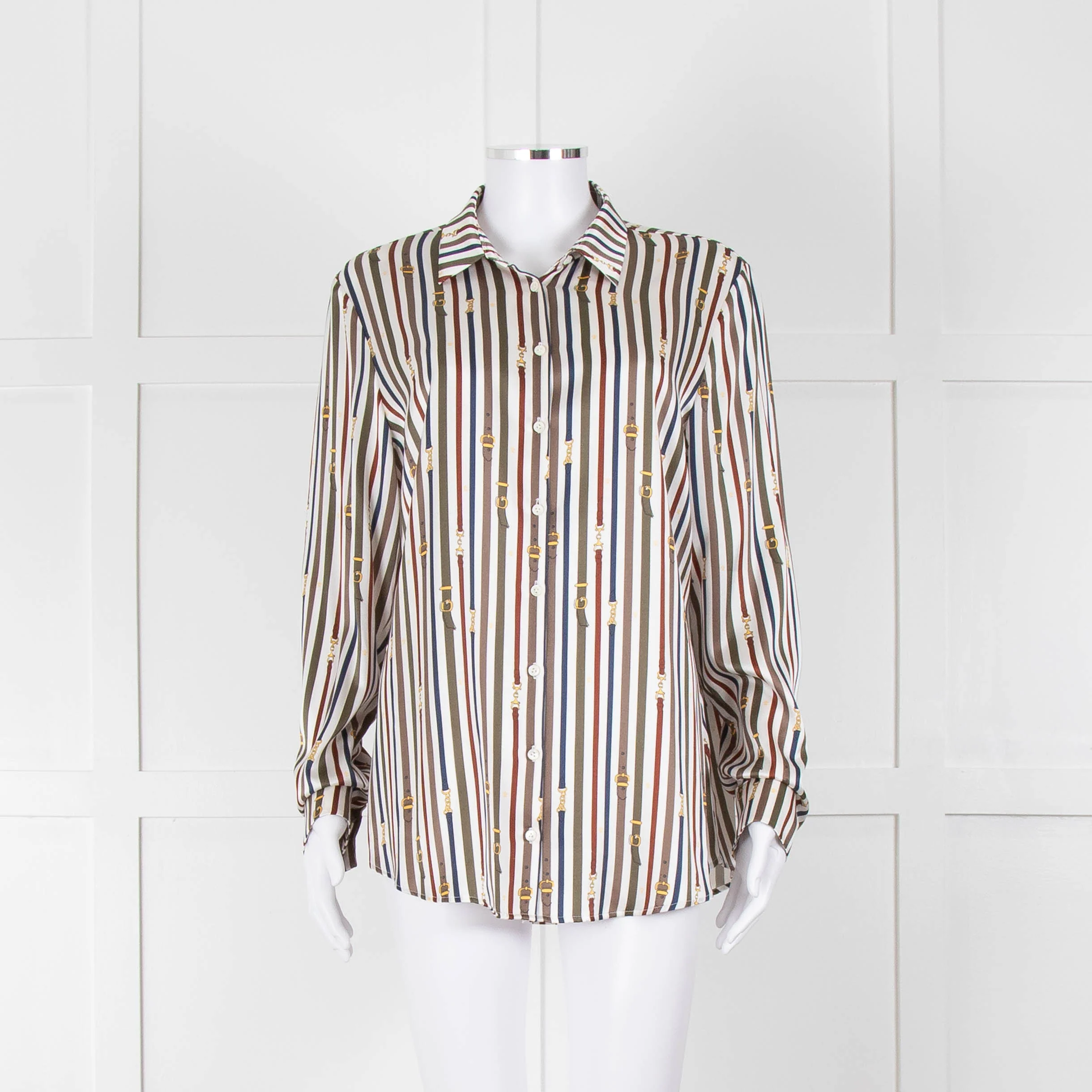 Van Laack Cream Khaki Teal Belt Stripe Print Silk Shirt