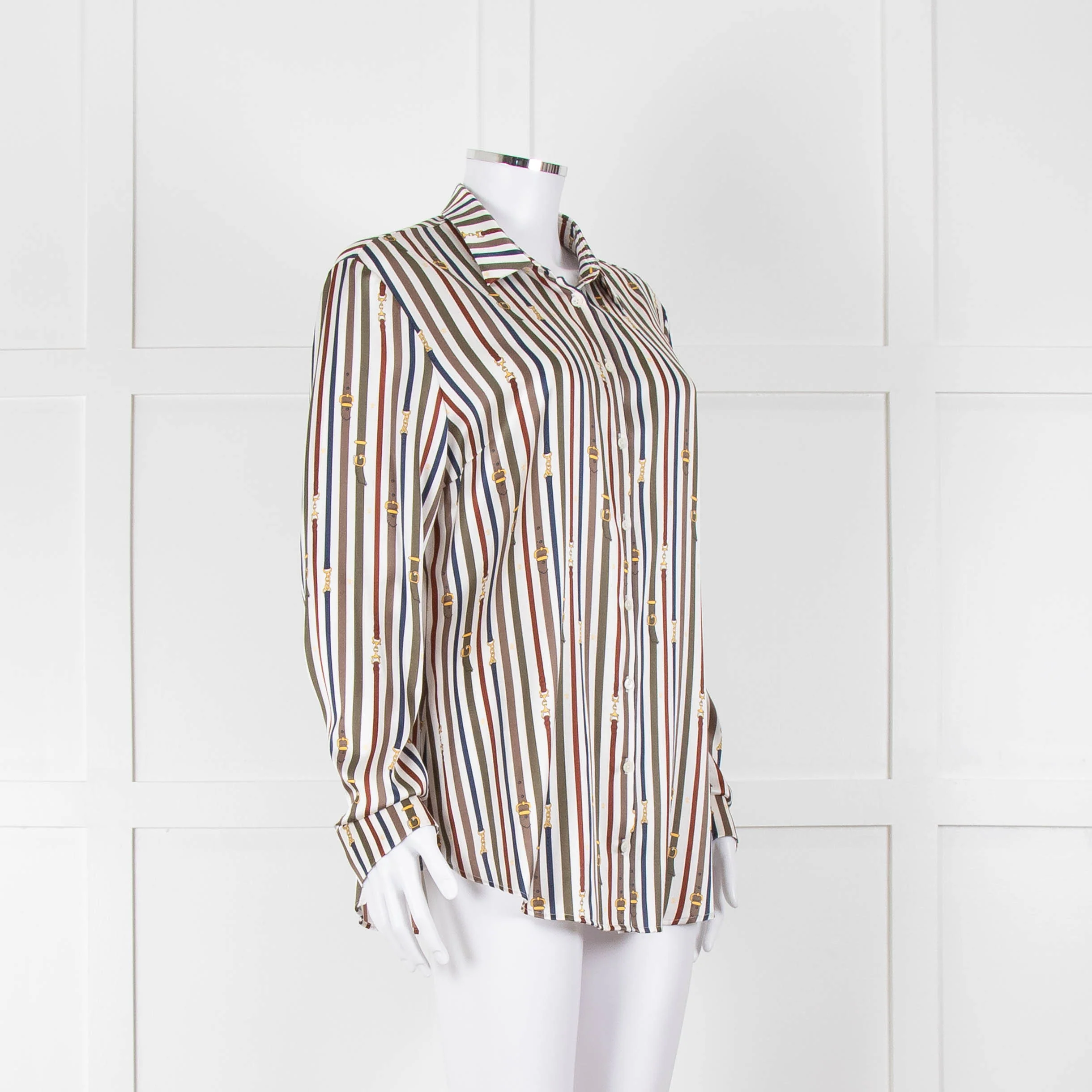 Van Laack Cream Khaki Teal Belt Stripe Print Silk Shirt - Image 2