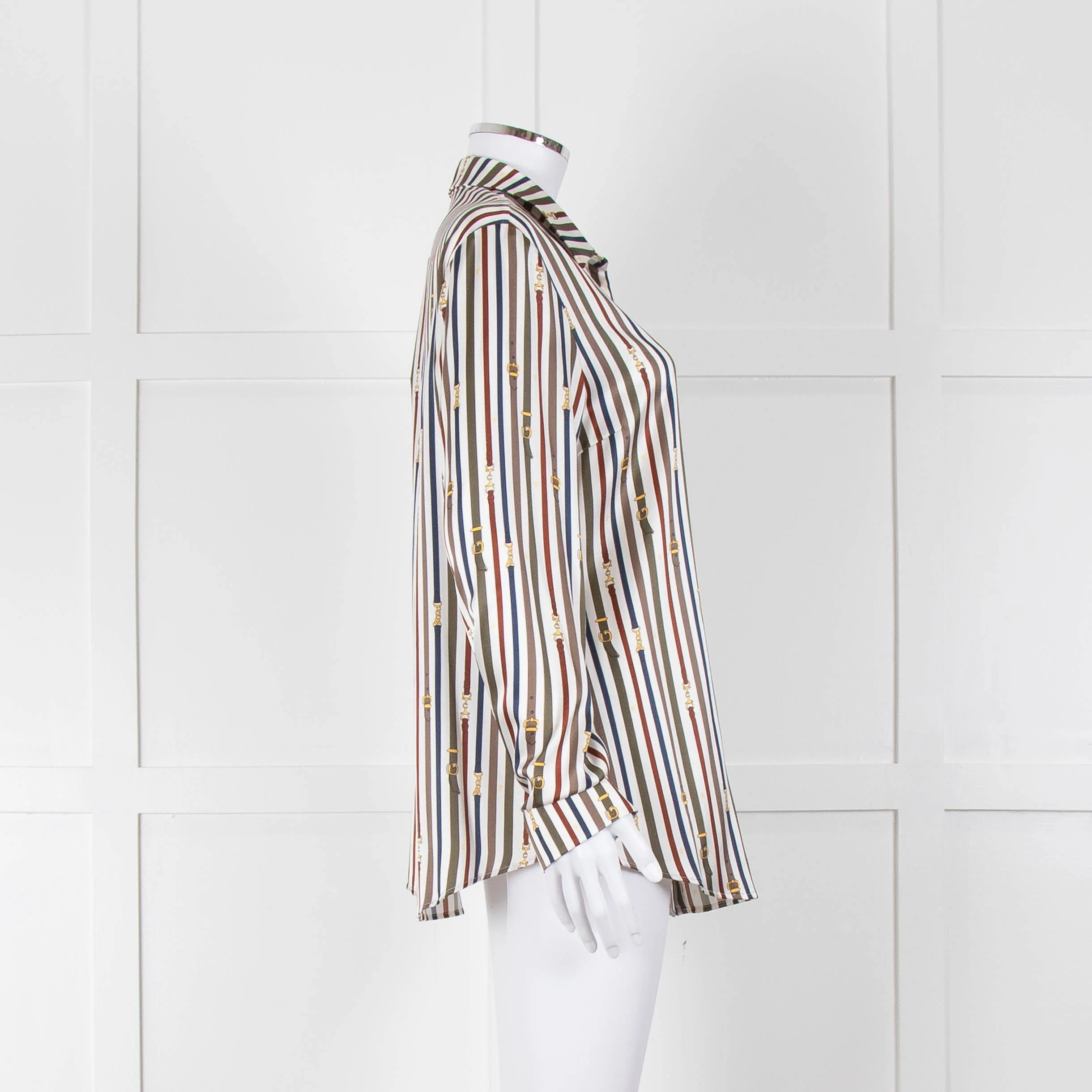 Van Laack Cream Khaki Teal Belt Stripe Print Silk Shirt - Image 3