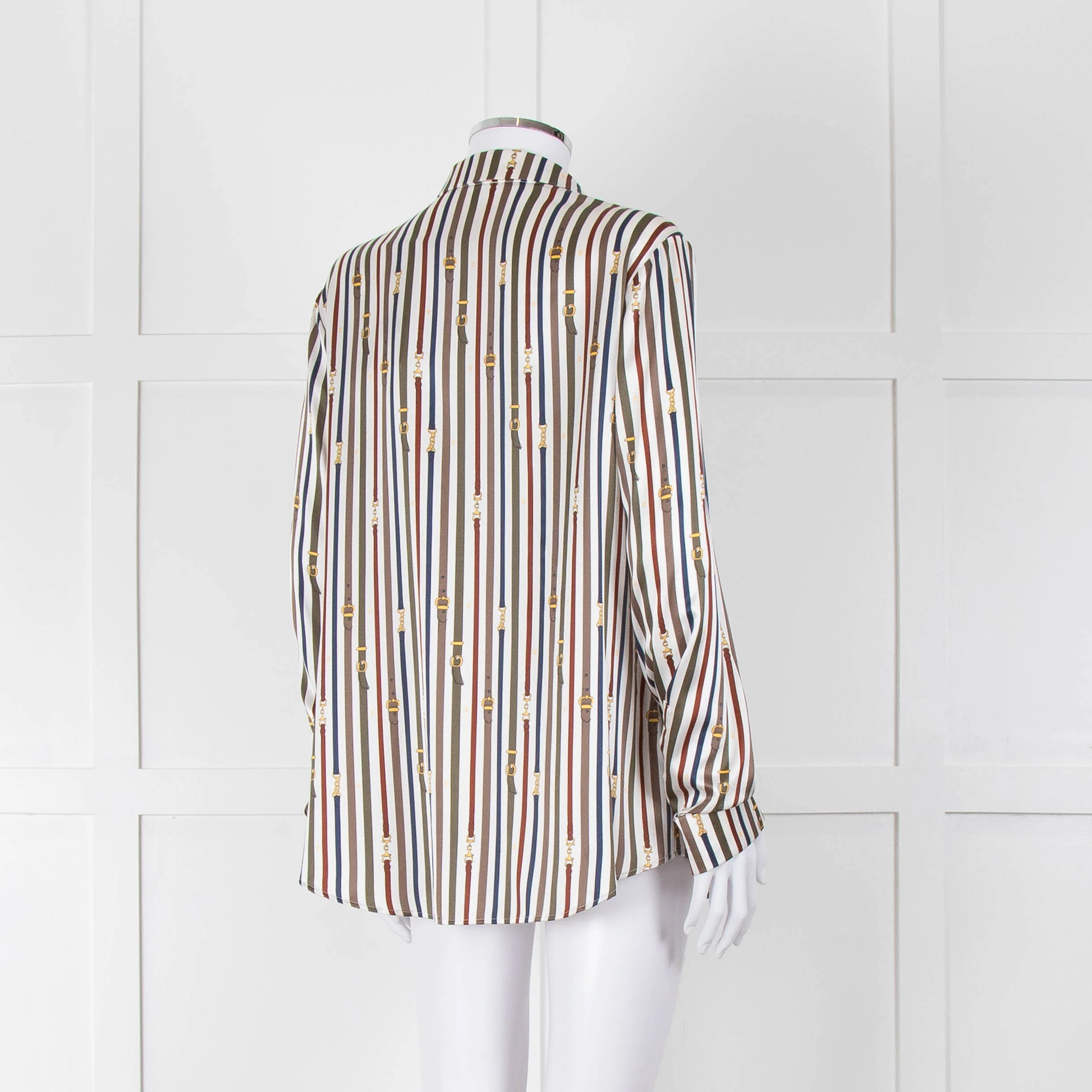 Van Laack Cream Khaki Teal Belt Stripe Print Silk Shirt - Image 4