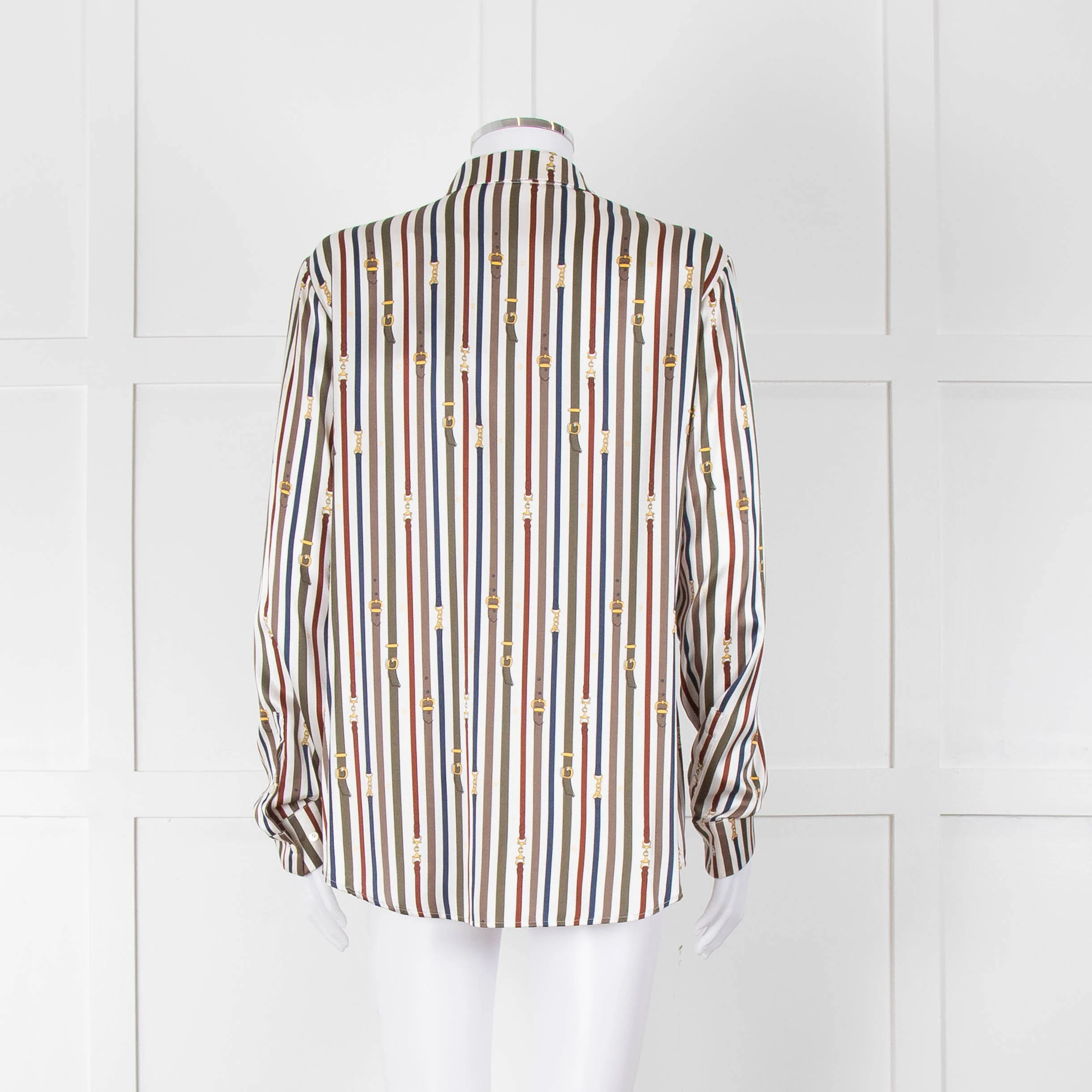 Van Laack Cream Khaki Teal Belt Stripe Print Silk Shirt - Image 5