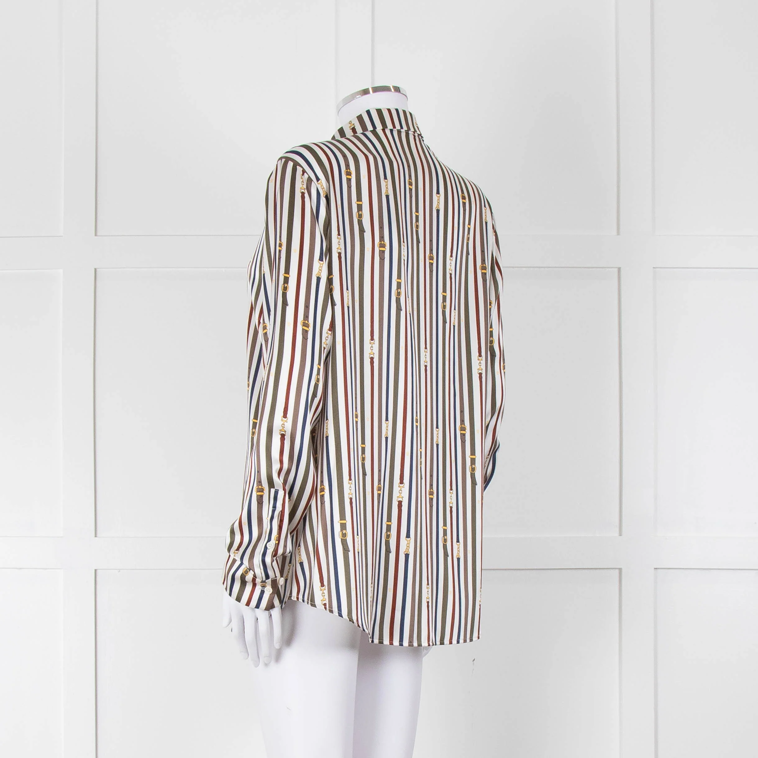 Van Laack Cream Khaki Teal Belt Stripe Print Silk Shirt - Image 6