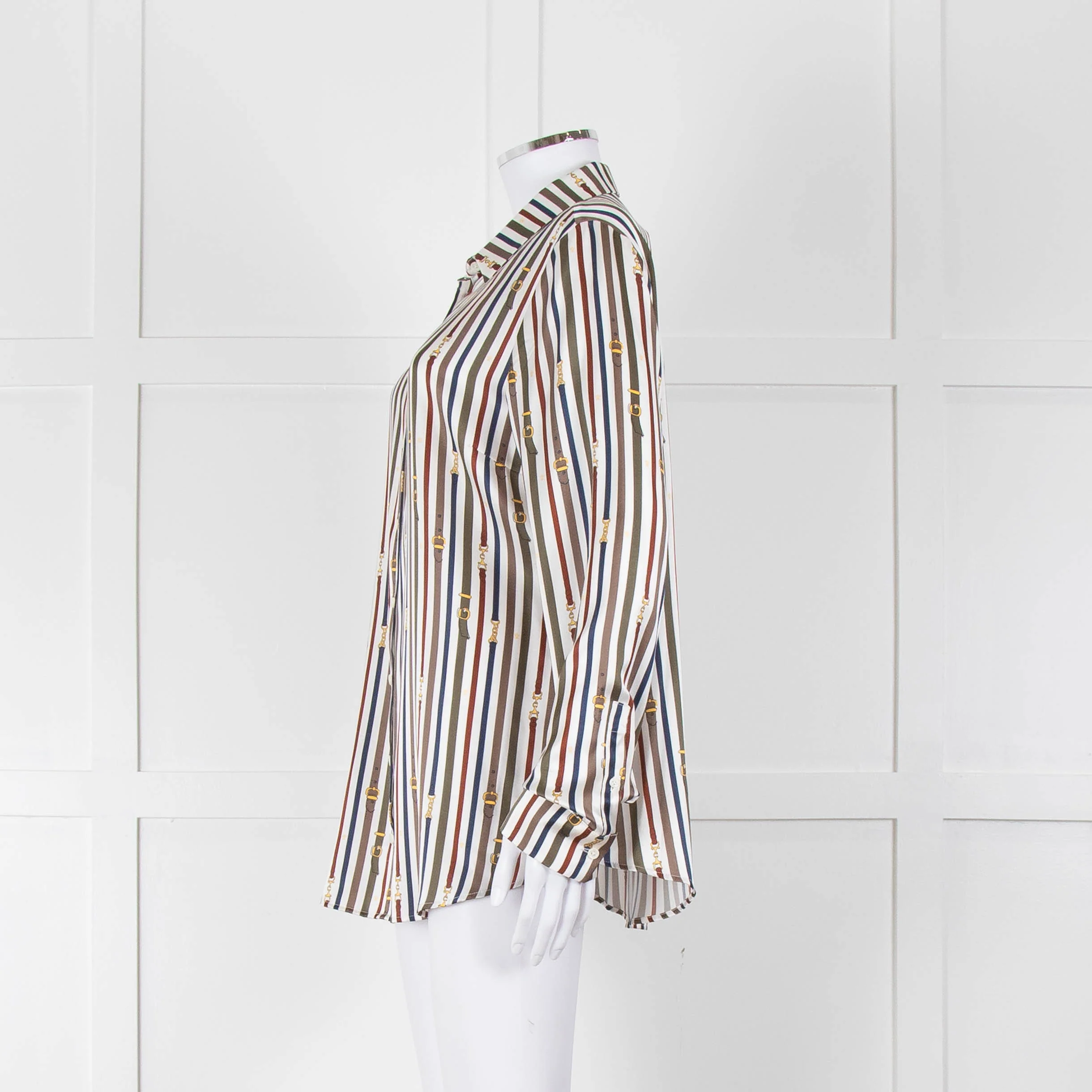 Van Laack Cream Khaki Teal Belt Stripe Print Silk Shirt - Image 7