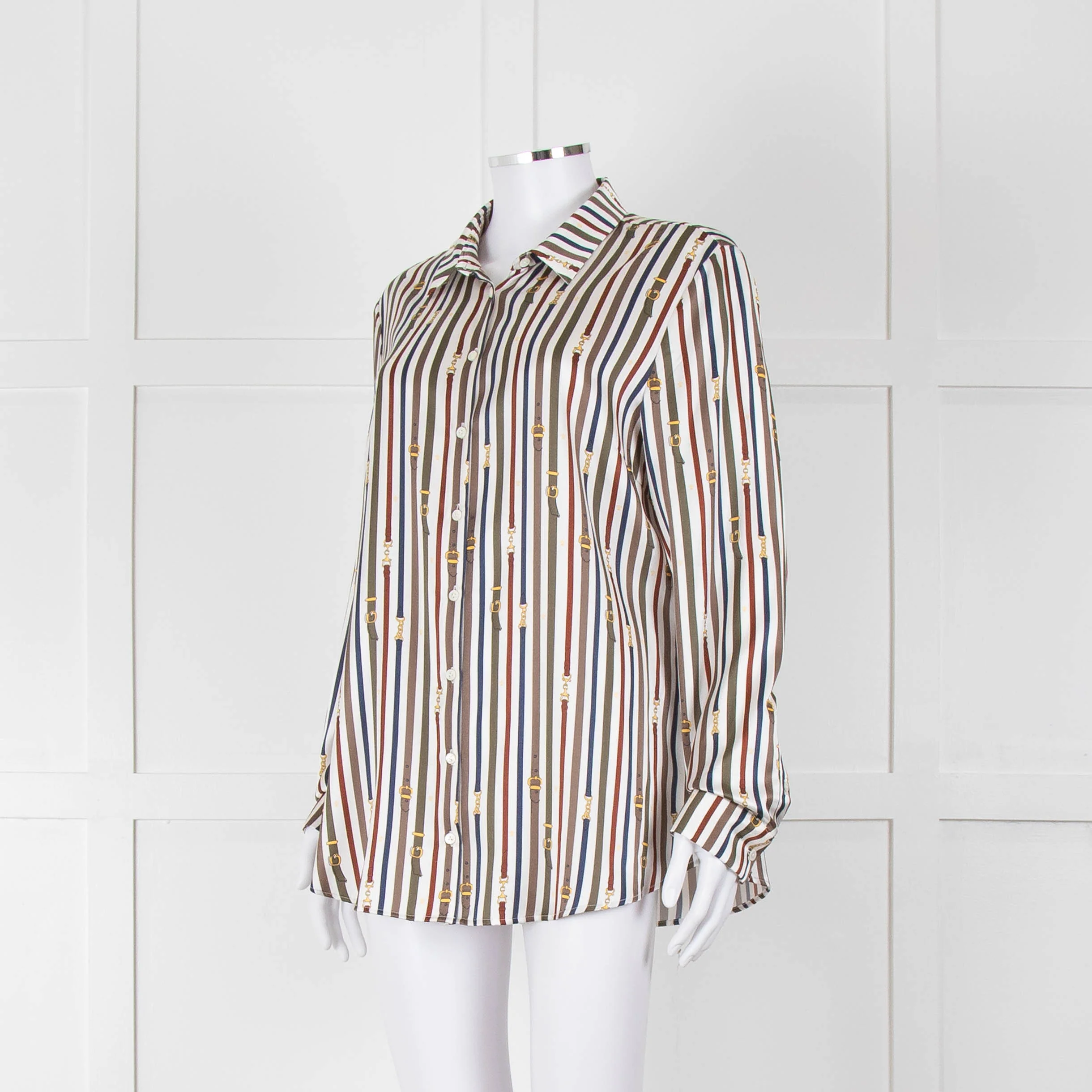 Van Laack Cream Khaki Teal Belt Stripe Print Silk Shirt - Image 8
