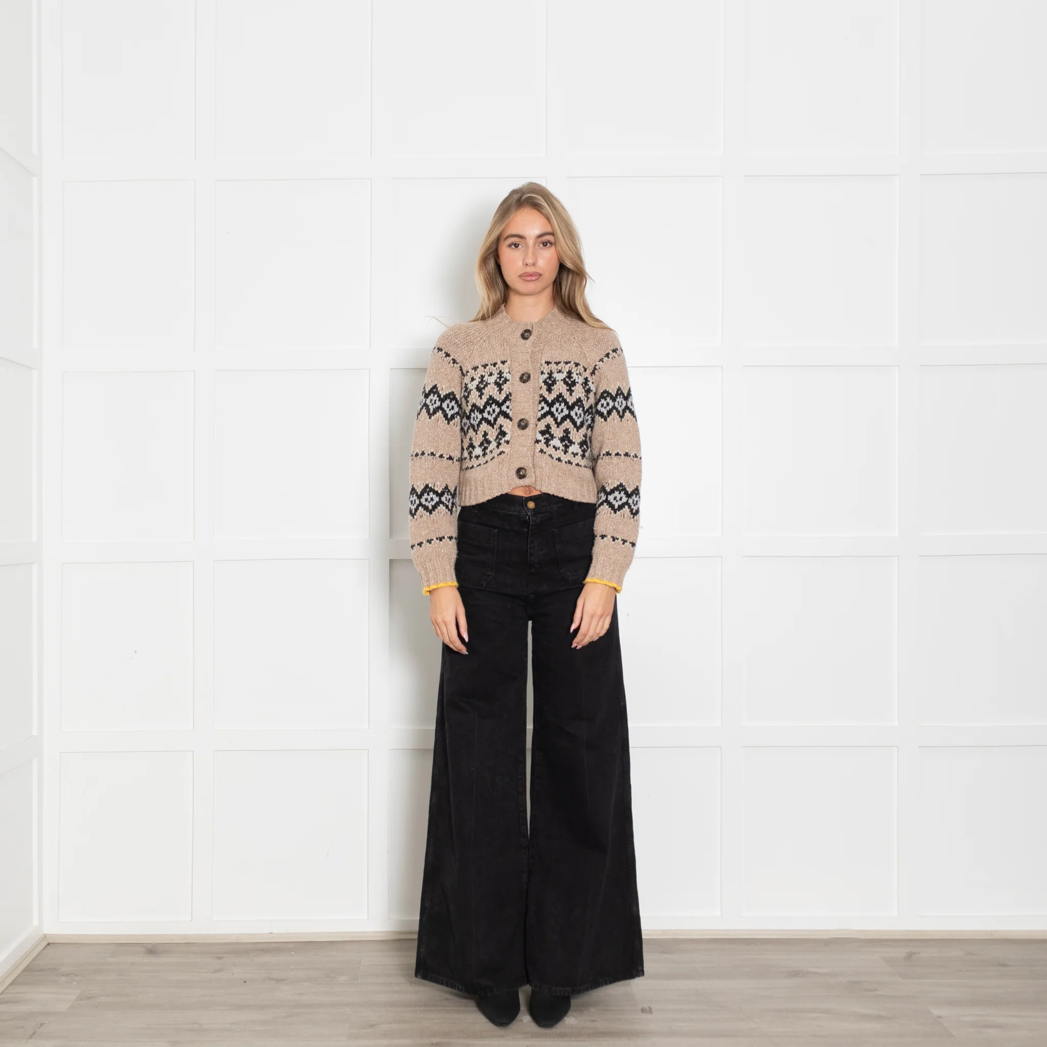 Vanessa Bruno Beige With Grey/Black Pattern Wool Mix Crop Cardigan