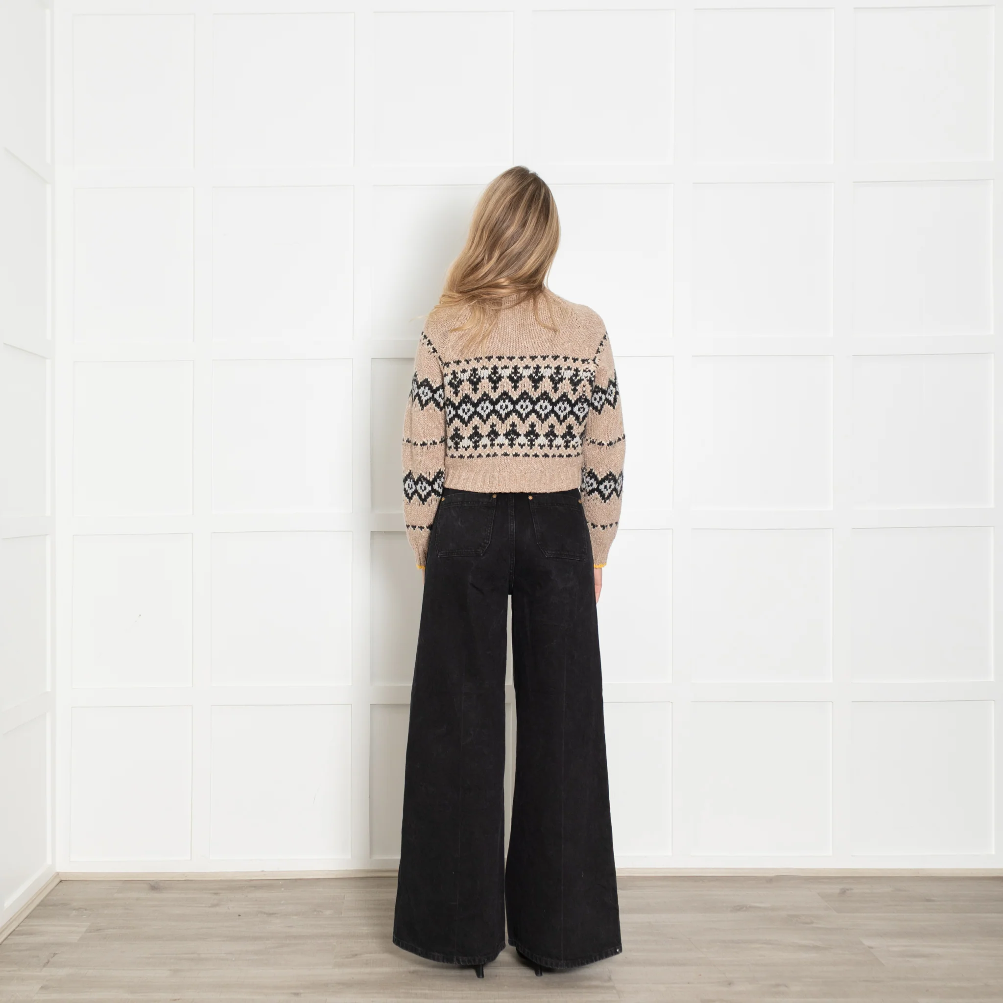 Vanessa Bruno Beige With Grey/Black Pattern Wool Mix Crop Cardigan - Image 5