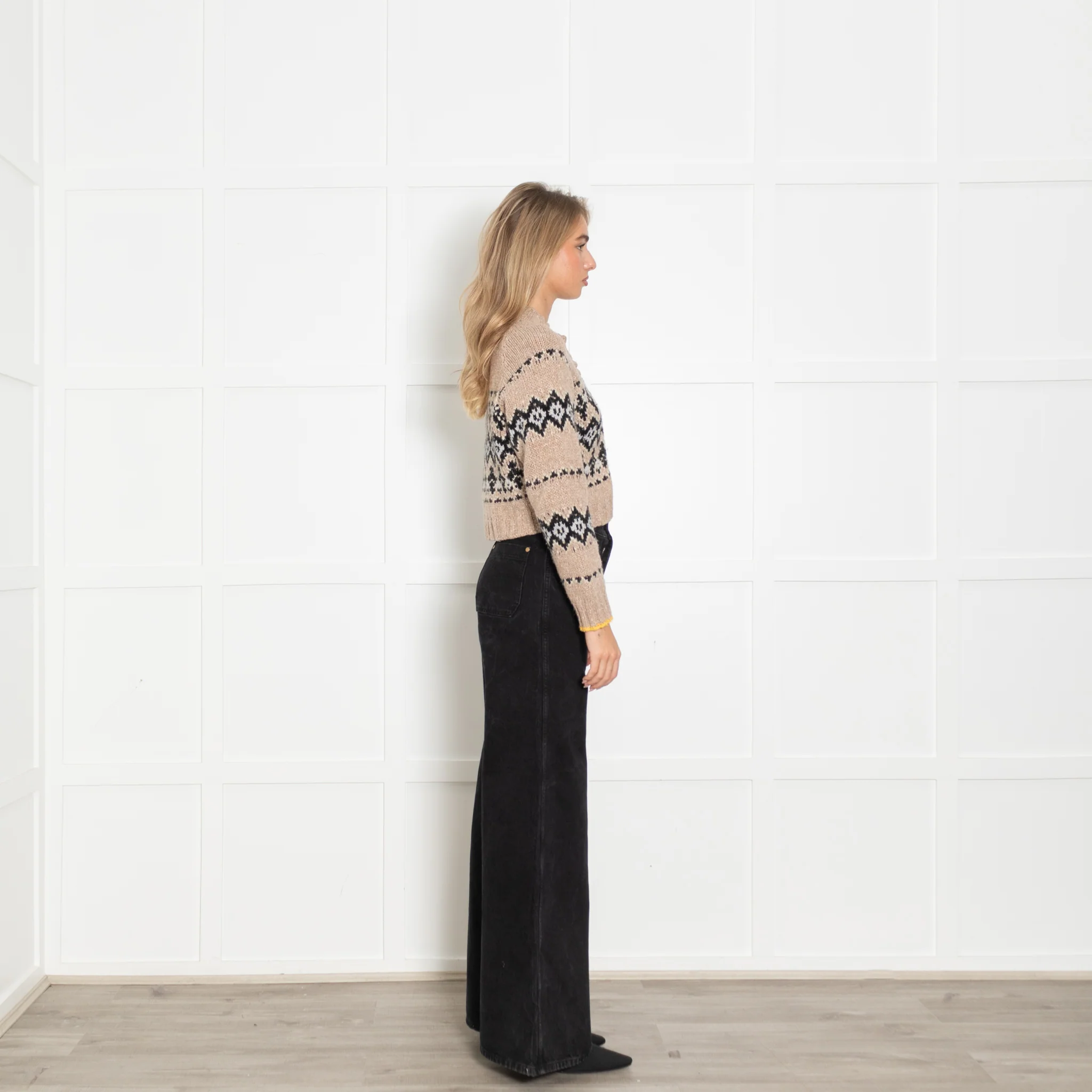 Vanessa Bruno Beige With Grey/Black Pattern Wool Mix Crop Cardigan - Image 6