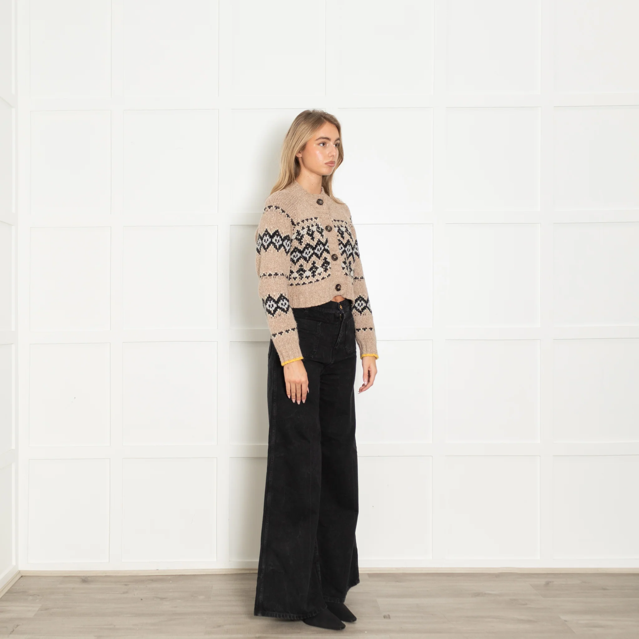 Vanessa Bruno Beige With Grey/Black Pattern Wool Mix Crop Cardigan - Image 7