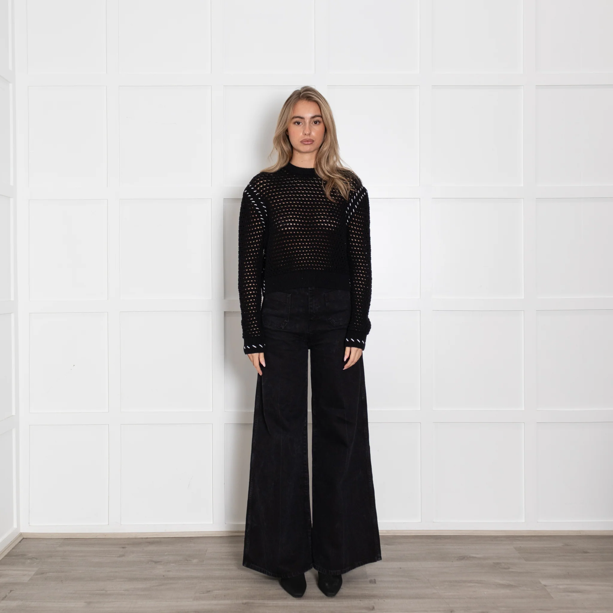 Varley Black Elkin Cotton Sweater With White Side Stiching