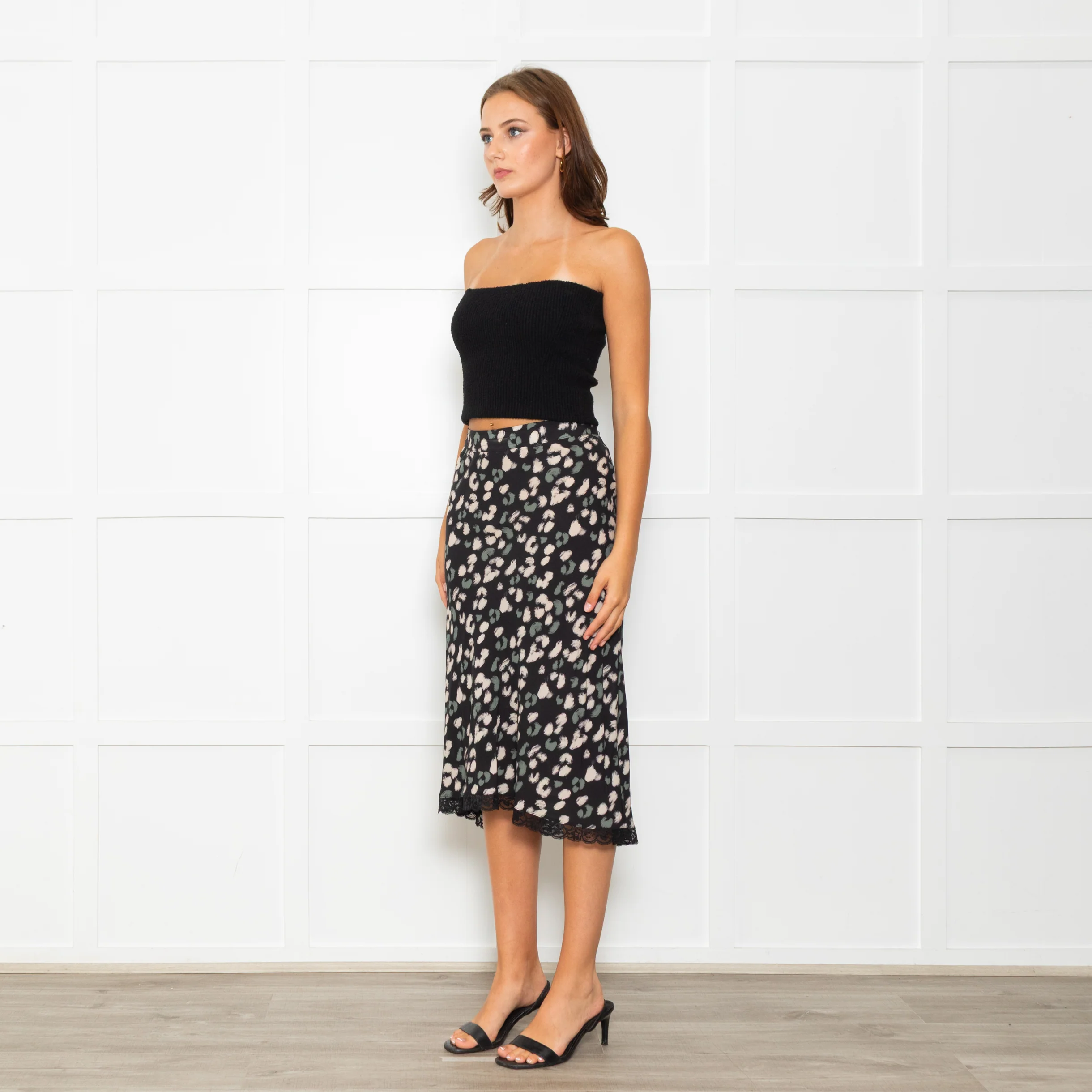 Velvet Black Skirt With Green And Cream Animal Print - Image 3