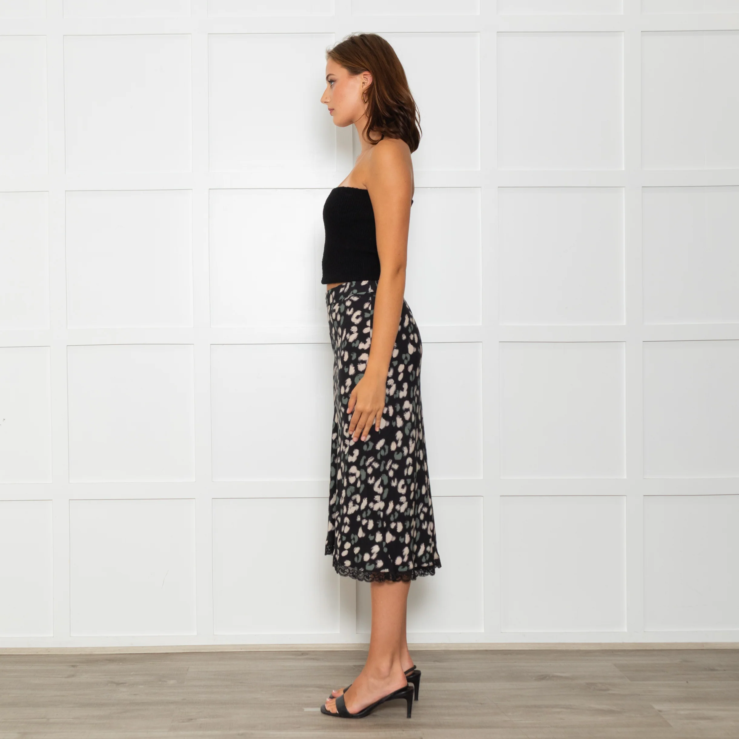 Velvet Black Skirt With Green And Cream Animal Print - Image 4