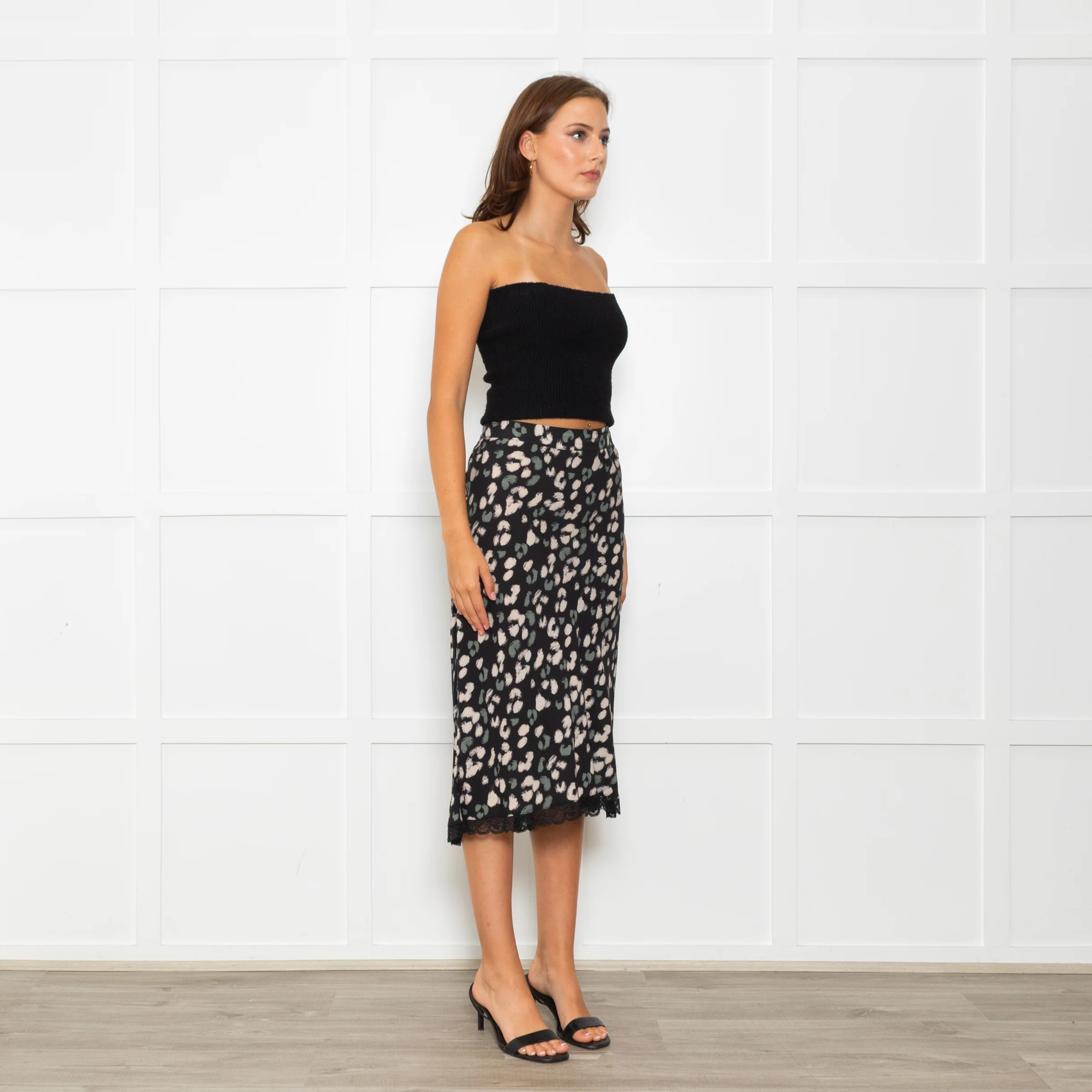 Velvet Black Skirt With Green And Cream Animal Print - Image 7