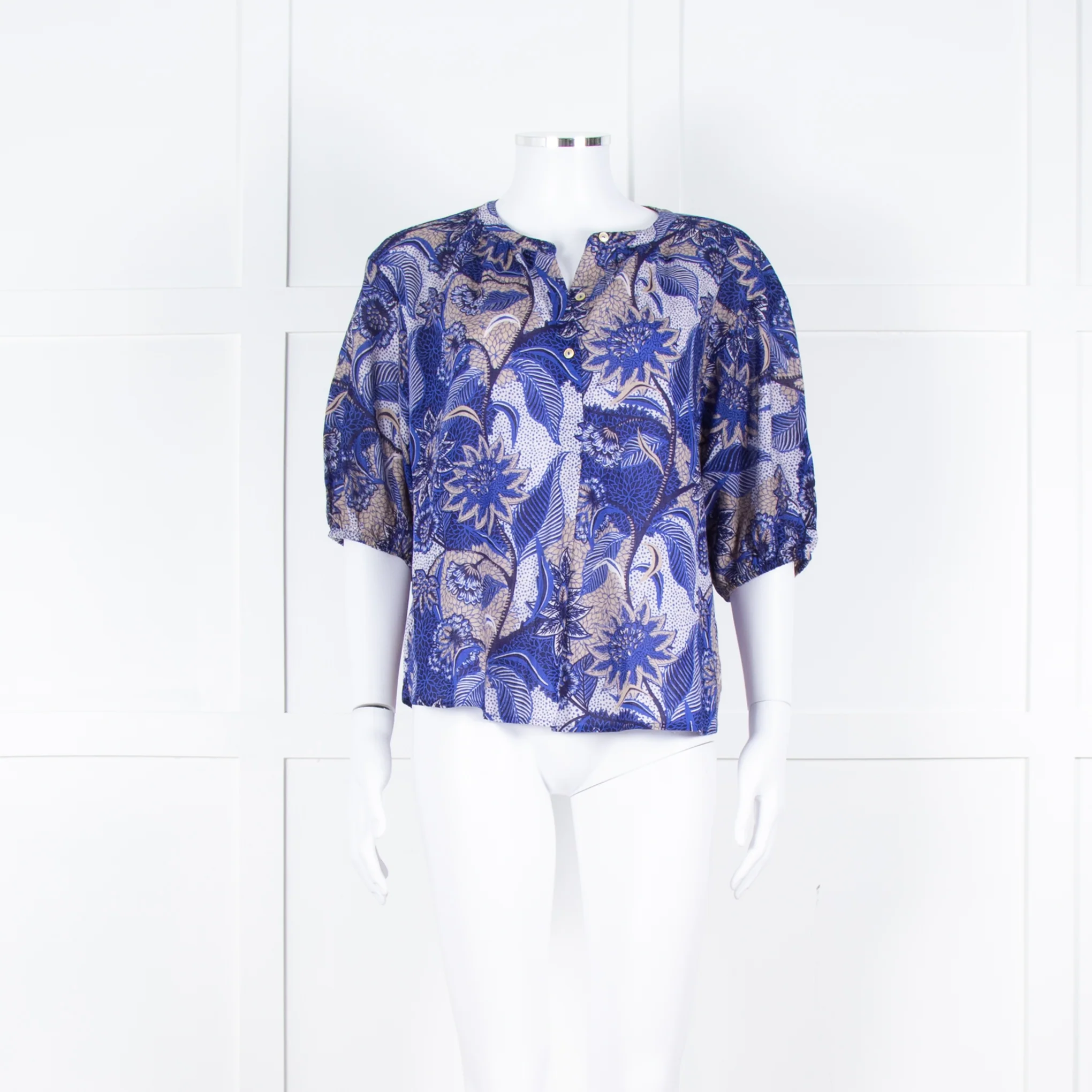 Velvet Blue Brown Floral Short Sleeve Fine Cotton Top