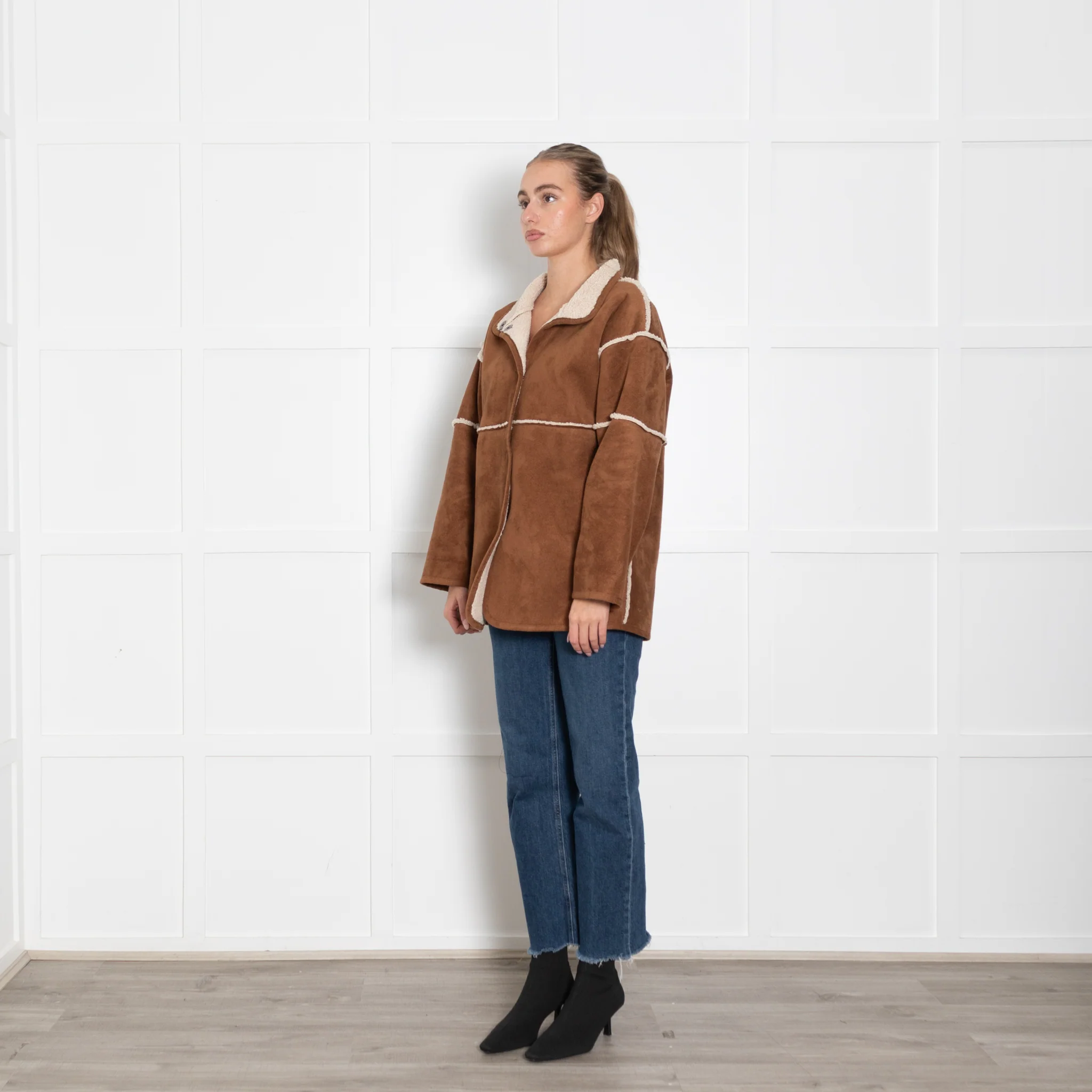 Velvet Brown Faux Sheepskin Long Jacket - Image 3