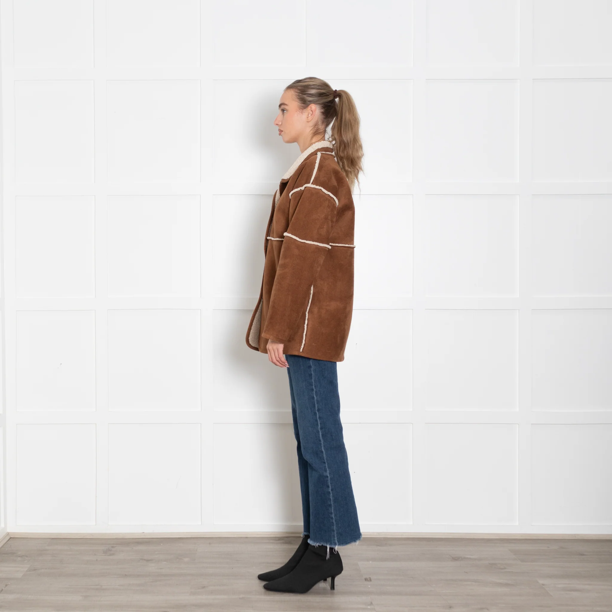 Velvet Brown Faux Sheepskin Long Jacket - Image 4