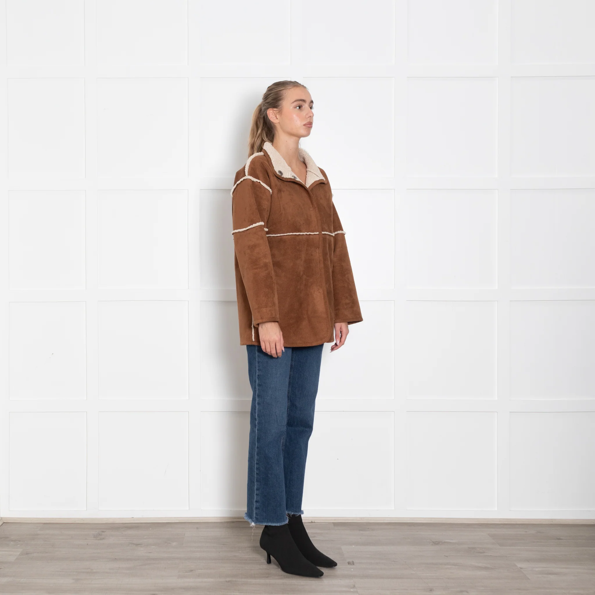 Velvet Brown Faux Sheepskin Long Jacket - Image 7