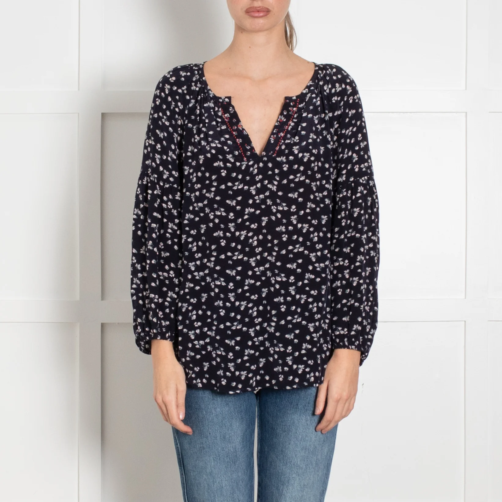 Velvet Navy White Ditzy Floral Print Long Sleeve Blouse - Image 2