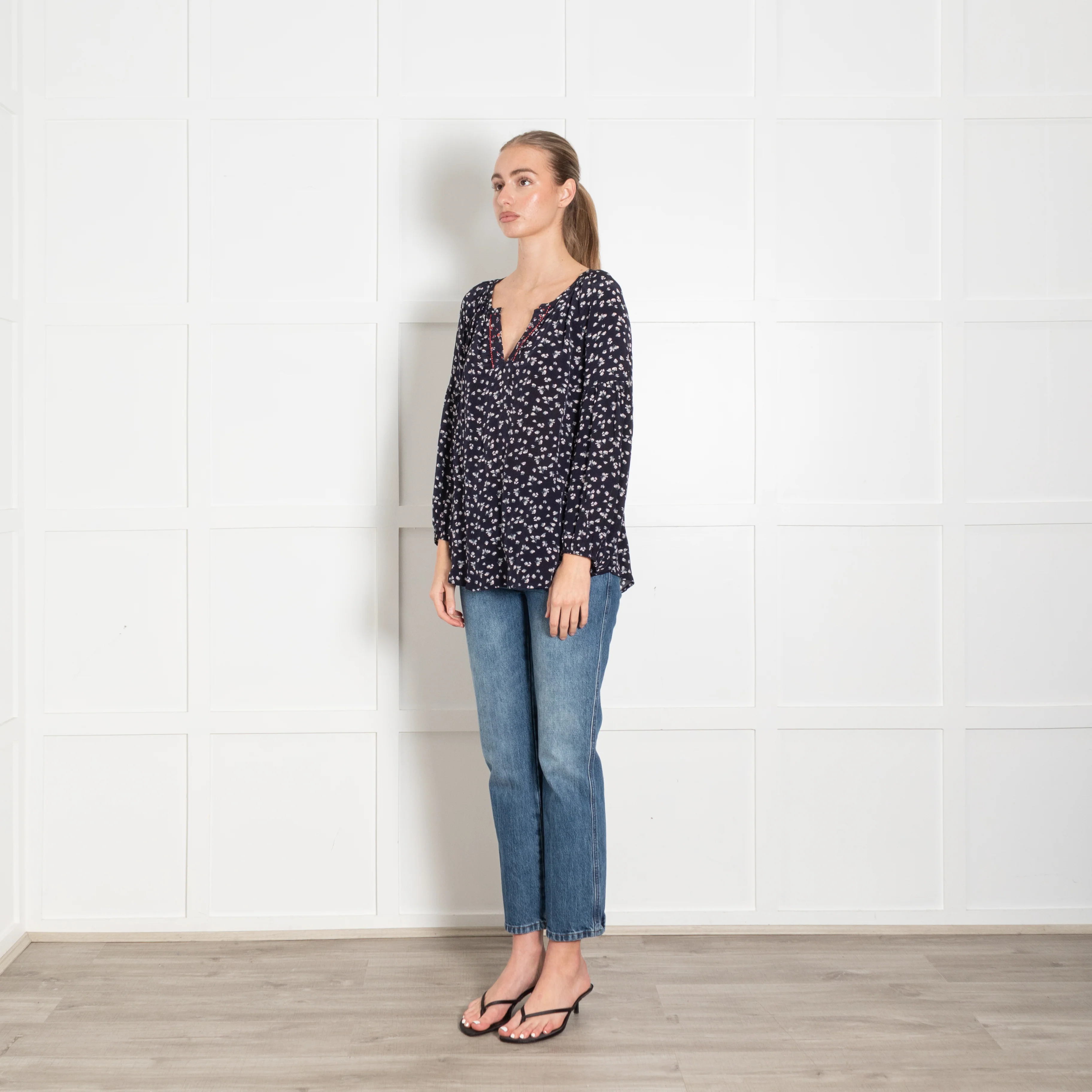 Velvet Navy White Ditzy Floral Print Long Sleeve Blouse - Image 3
