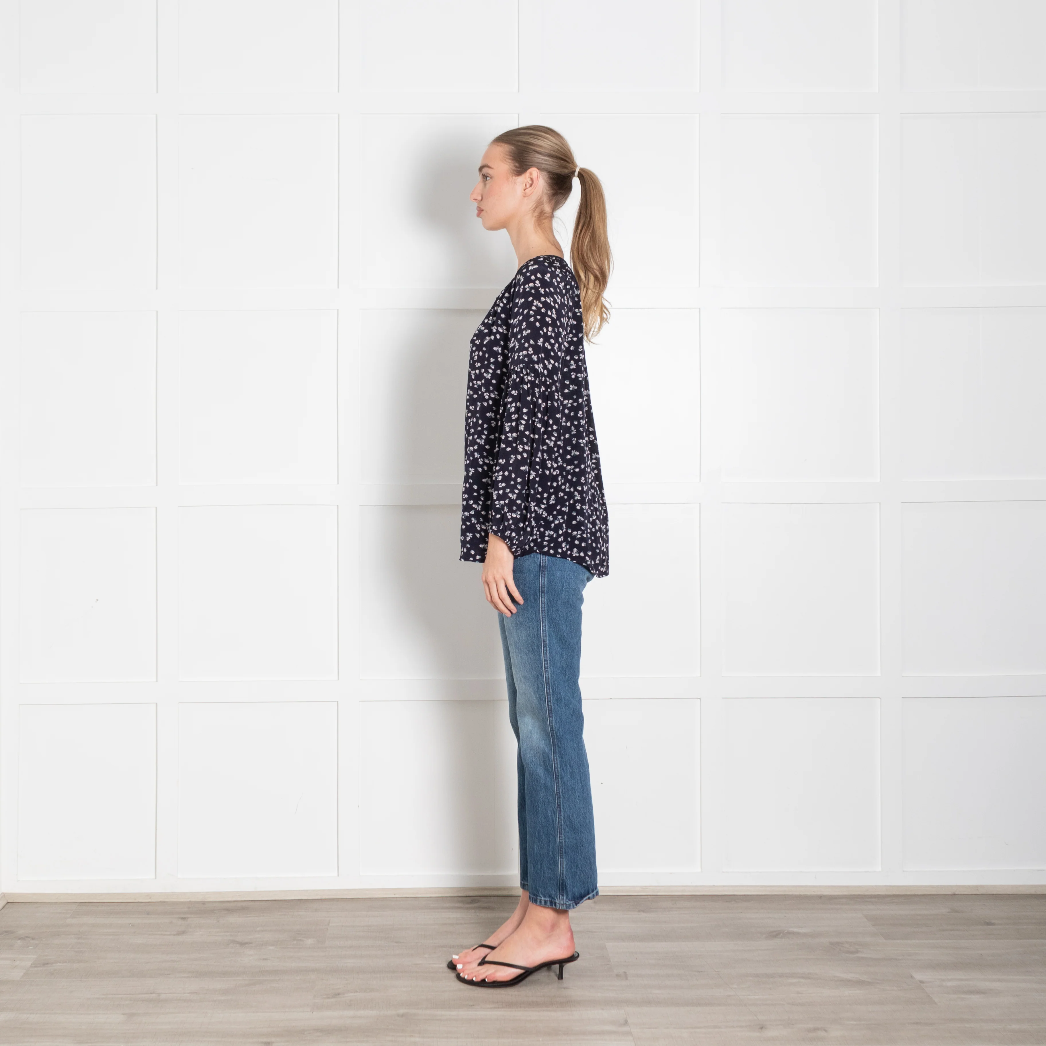 Velvet Navy White Ditzy Floral Print Long Sleeve Blouse - Image 4