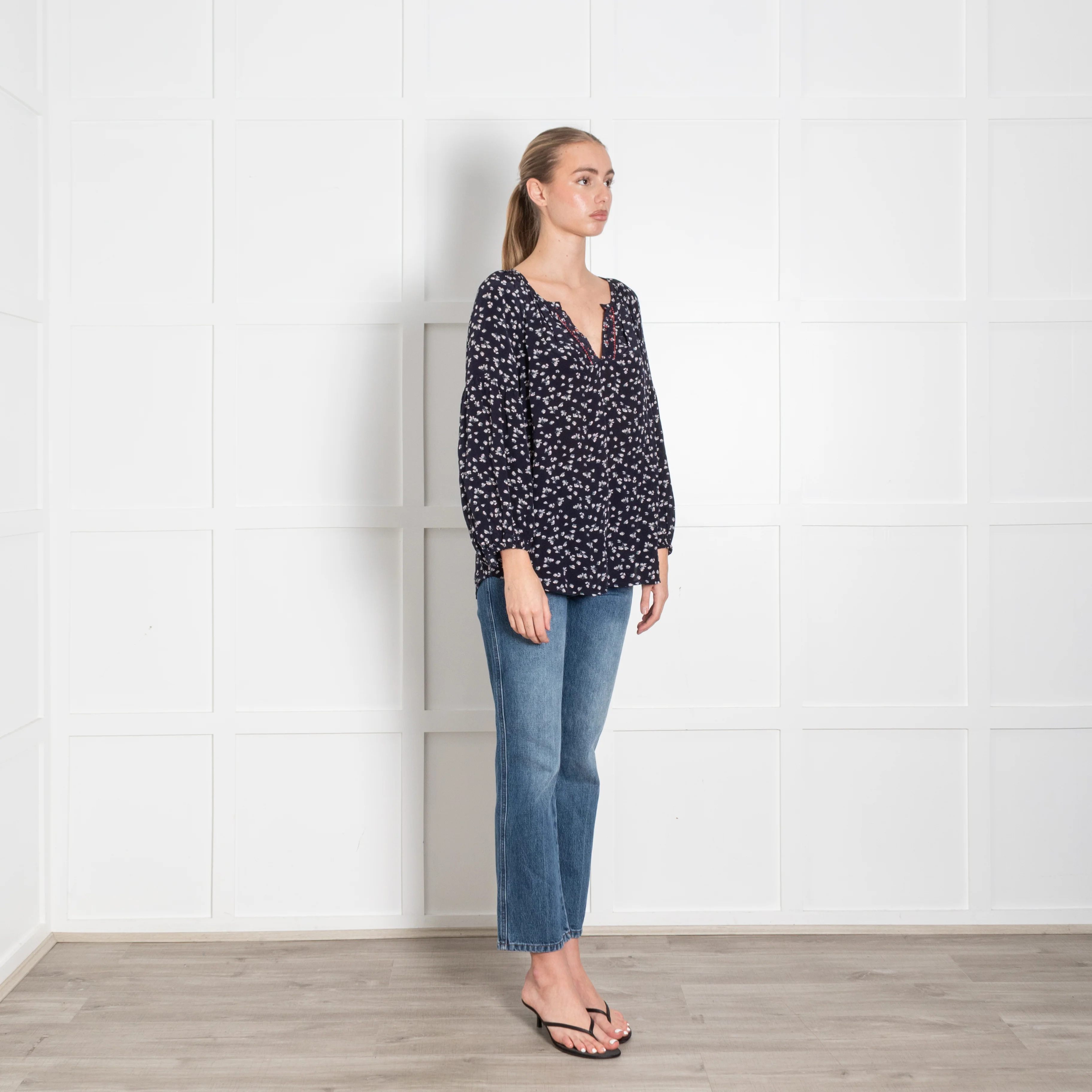 Velvet Navy White Ditzy Floral Print Long Sleeve Blouse - Image 7