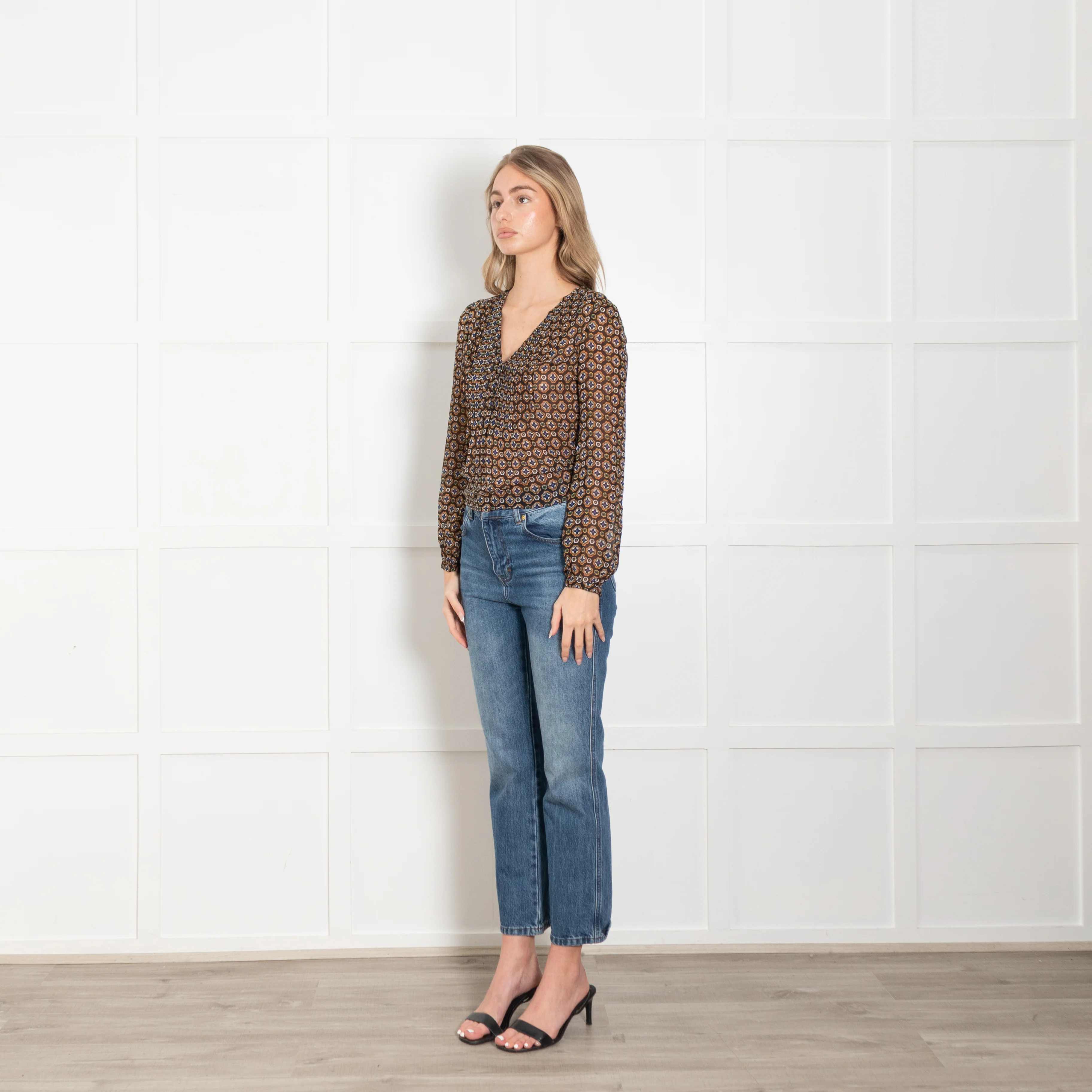 Veronica Beard Black Tan White Print Sheer V-Neck Top - Image 3
